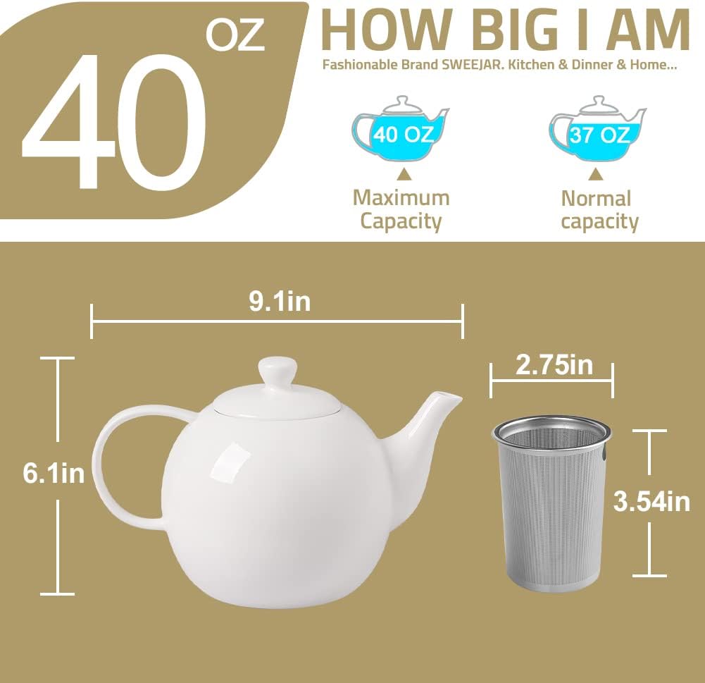 Sweejar Porcelain Teapot with Removable Stainless Steel Infuser,Microwave & Dishwasher Safe Tea Pots for Loose Tea,Tea Infuser Pots for Chrismas Women Gift (40oz Jade)