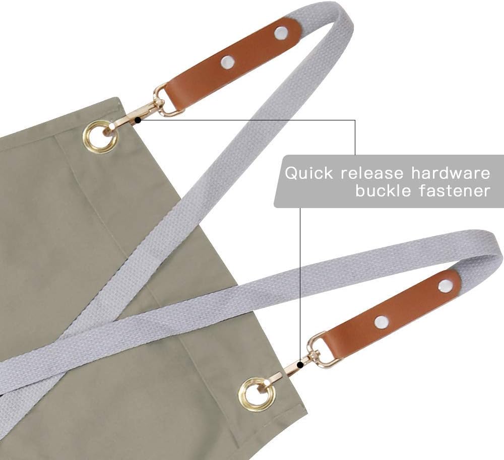 Mignongirl Crossback Apron with Pockets x2,Split Apron with Adjustable Straps,M-XXL (Beige)