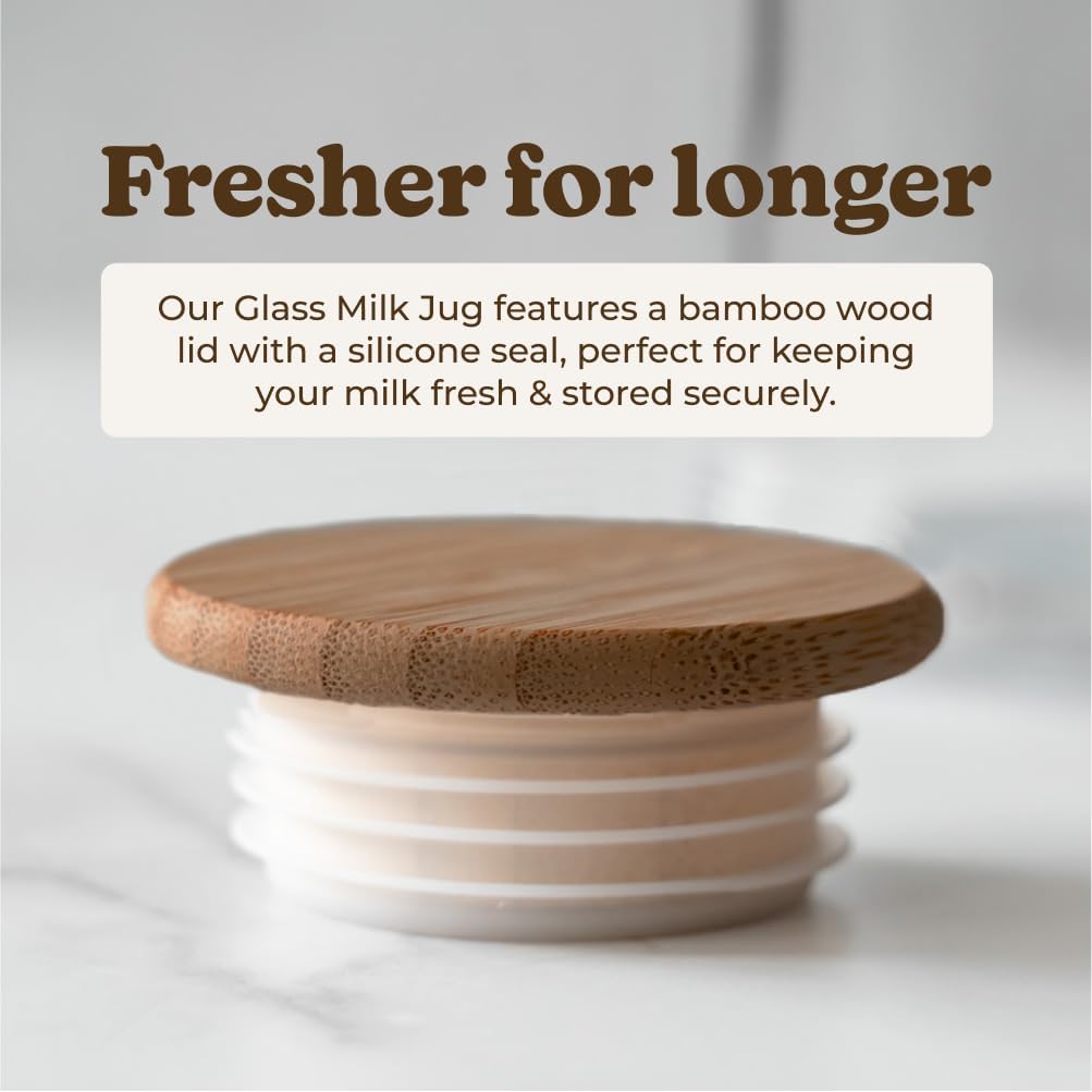 Almond Cow - Glass Pitcher with Lid and Spout, Glass Bottle Milk Container for Refrigerator, Clear Milk Jar Bottles, Food-Grade Liquid Container, 60 fl oz Capacity, 5 x 4 x 10 Inches