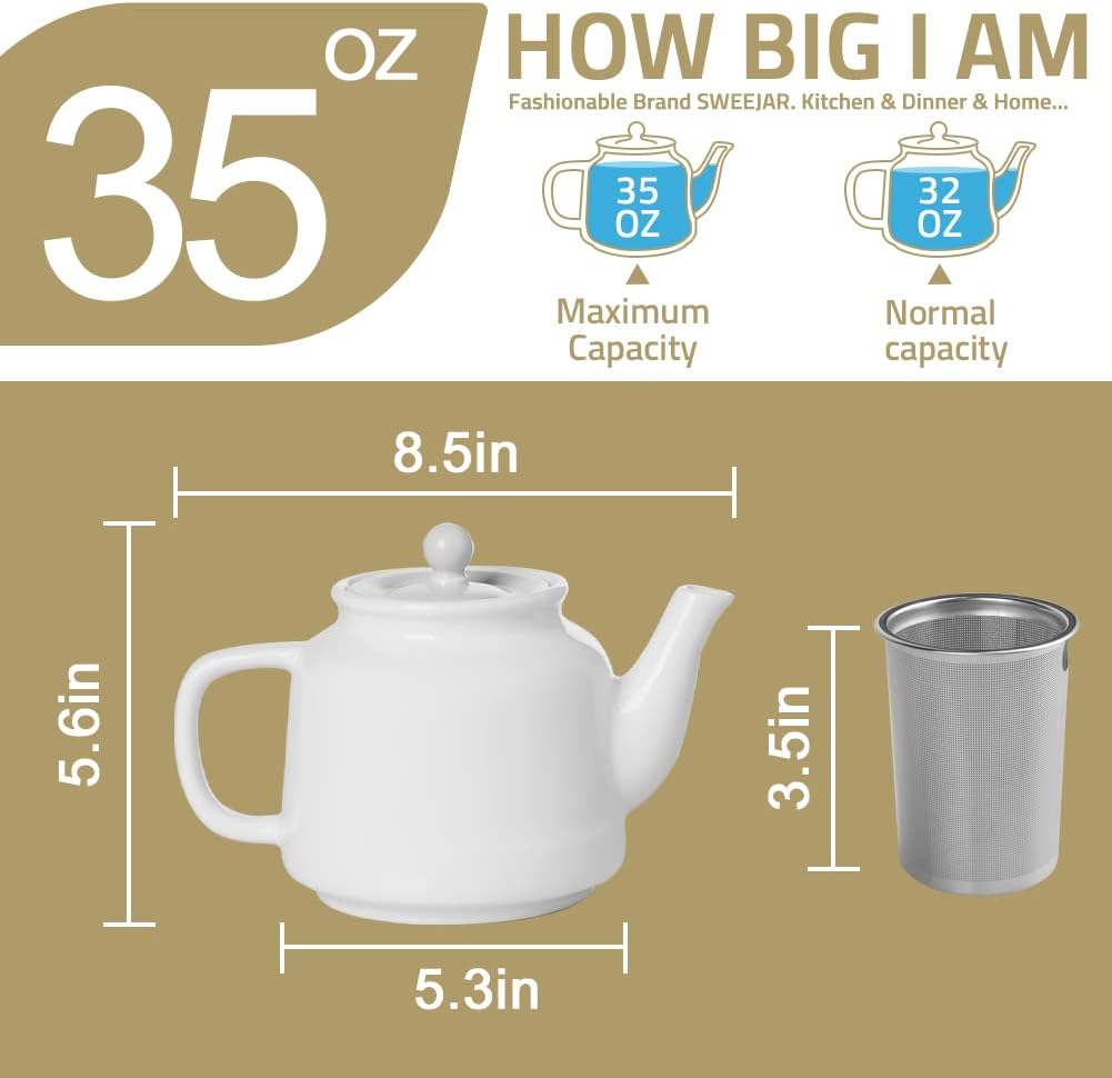 Sweejar 35 oz Porcelain Tea Pot, Teapot with Removable 18/8 Stainless Steel Infuser, Microwave & Dishwasher Safe Tea Maker, Tea Infuser Pots for Blooming loose Leaf Tea,Chrismas Women Gift(Purple)