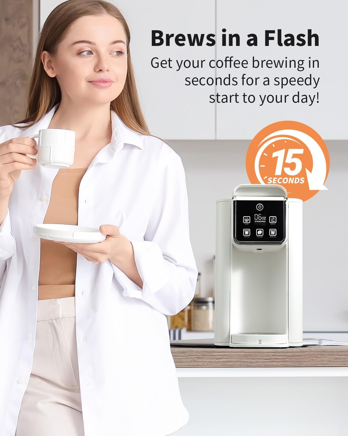 Hot & Iced Coffee Maker with Bold Setting, Single Serve Coffee Maker for K Cup and Grounds, 6-14 Oz Brew Sizes, 50 Oz Removable Water Tank, One Cup Coffee Machine with Reusable Filter, White