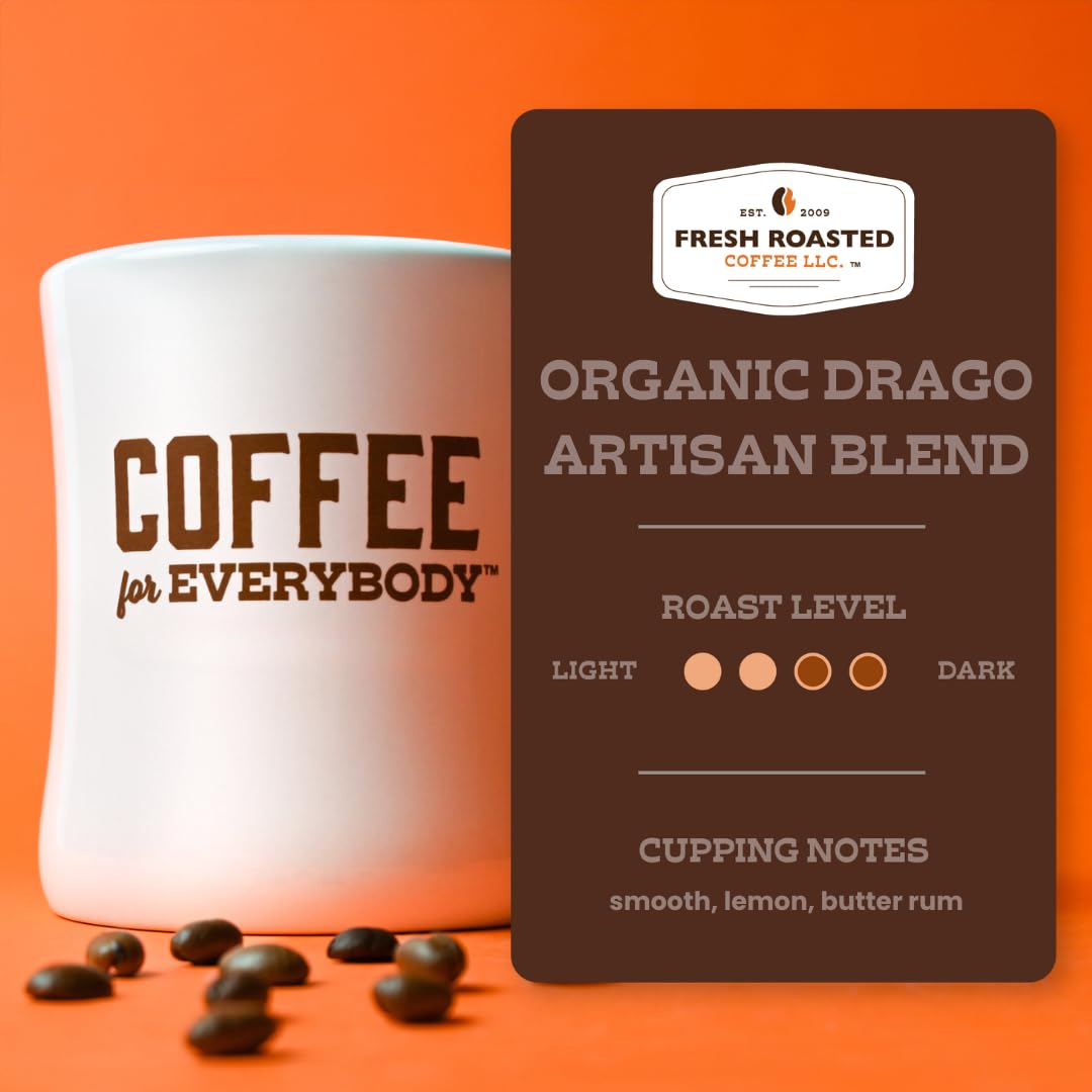 Fresh Roasted Coffee, Organic Drago Café Blend | USDA Organic, Kosher | Medium Roast 2 lb (32 oz) Whole Bean