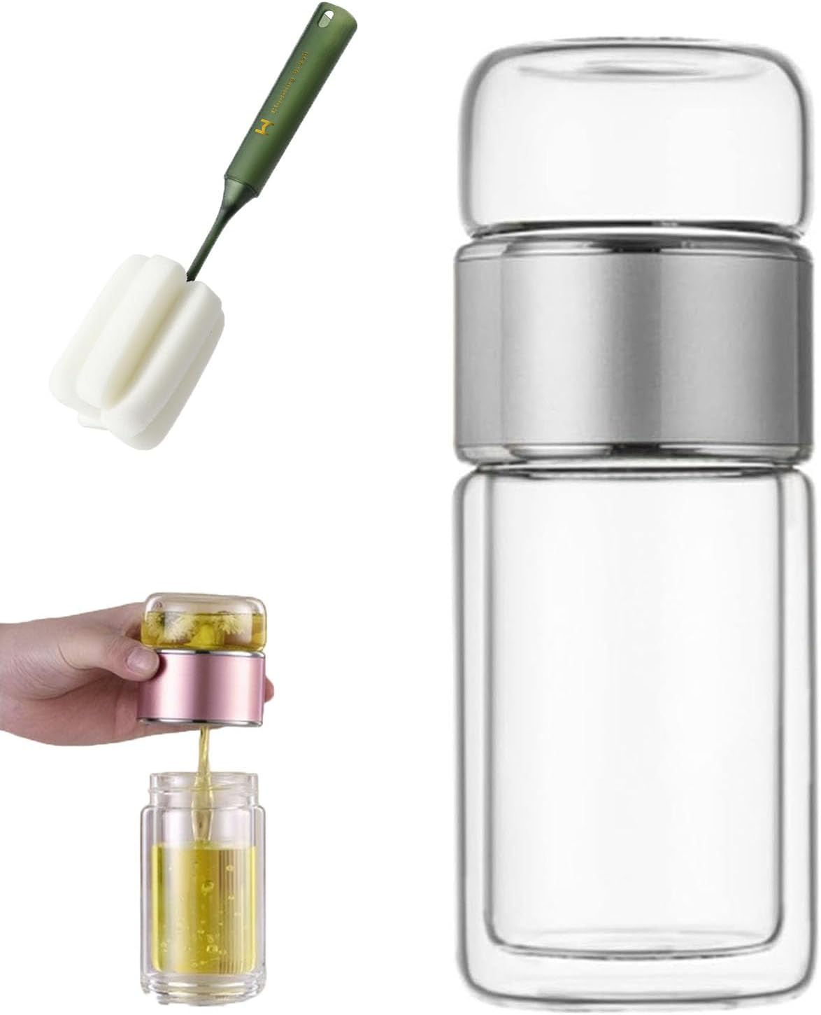 QUROXO 2025 New Tryteava Glass Infuser, Teava 3-In-1 Smart Tea Infuser with Cup Brush, Double-Layer Borosilicate Glass Tryteava Tea infusers Separation Cup (Silver, 280ml (9.5oz))