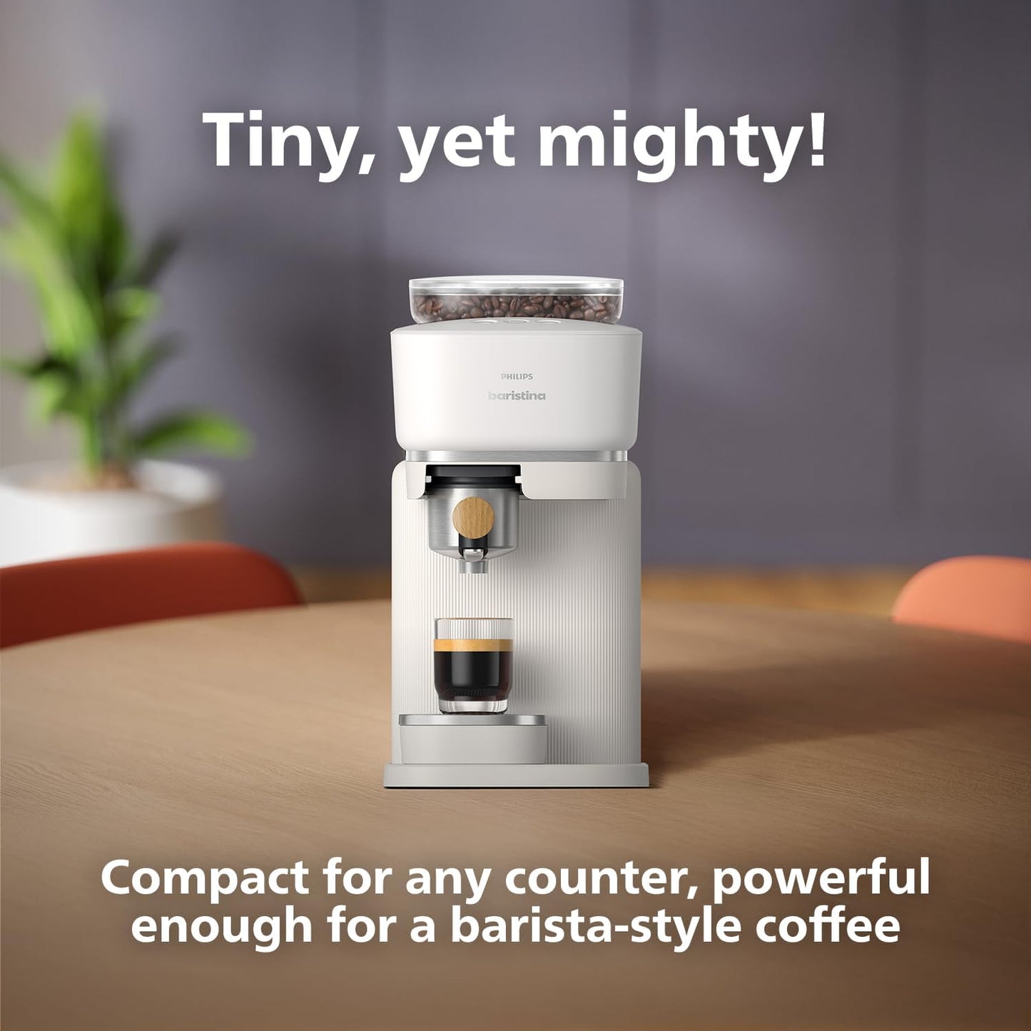 Philips Baristina Espresso Machine, Grind, Tamp & Brew Coffee Beans in One Swipe, Compact, 16 Bar Pump Pressure, Automatic Grinder, Natural White with Ash Wood Portafilter (BAR302/20)