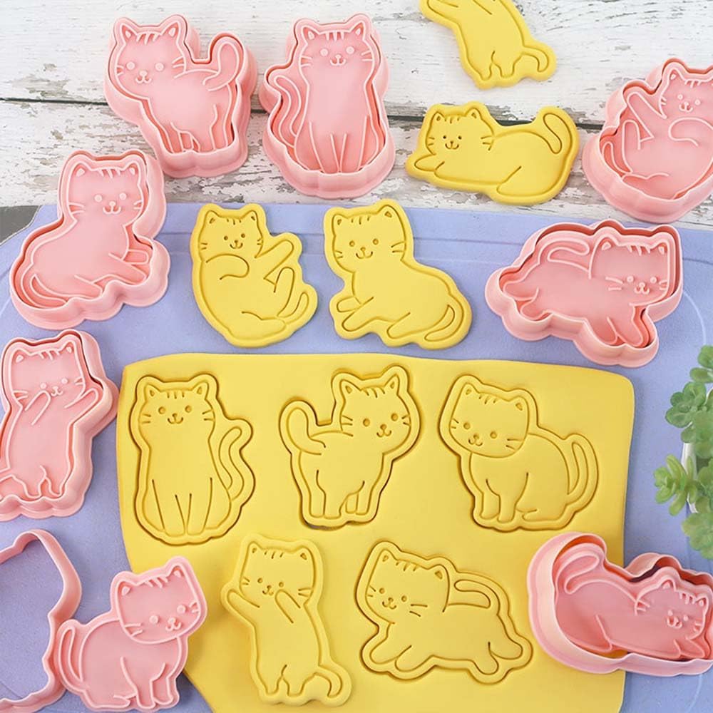 8pc 3D Cute Cat Cookie Stamps, Cupcake Pancake Apple Pie Pastry Biscuit Molds, Fruit & Sandwich Cutter Set for Cat Party Decorations