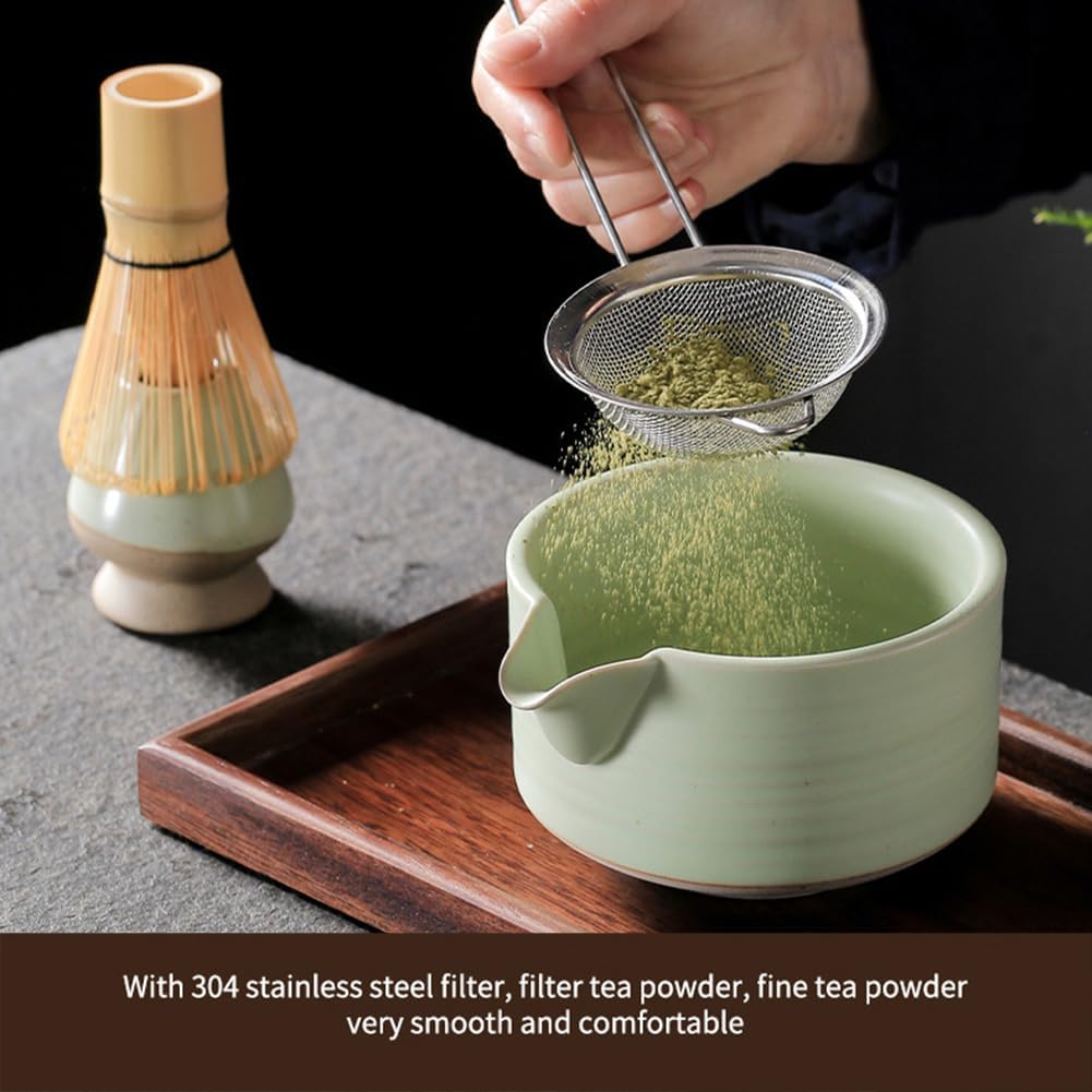 Matcha Traditional Porcelain Tea Bowl with Pour Spout - Hand Made Porcelain with Light Green Matte Glaze - Perfectly Whisked Matcha Green Tea, 430ml/ 14.5oz