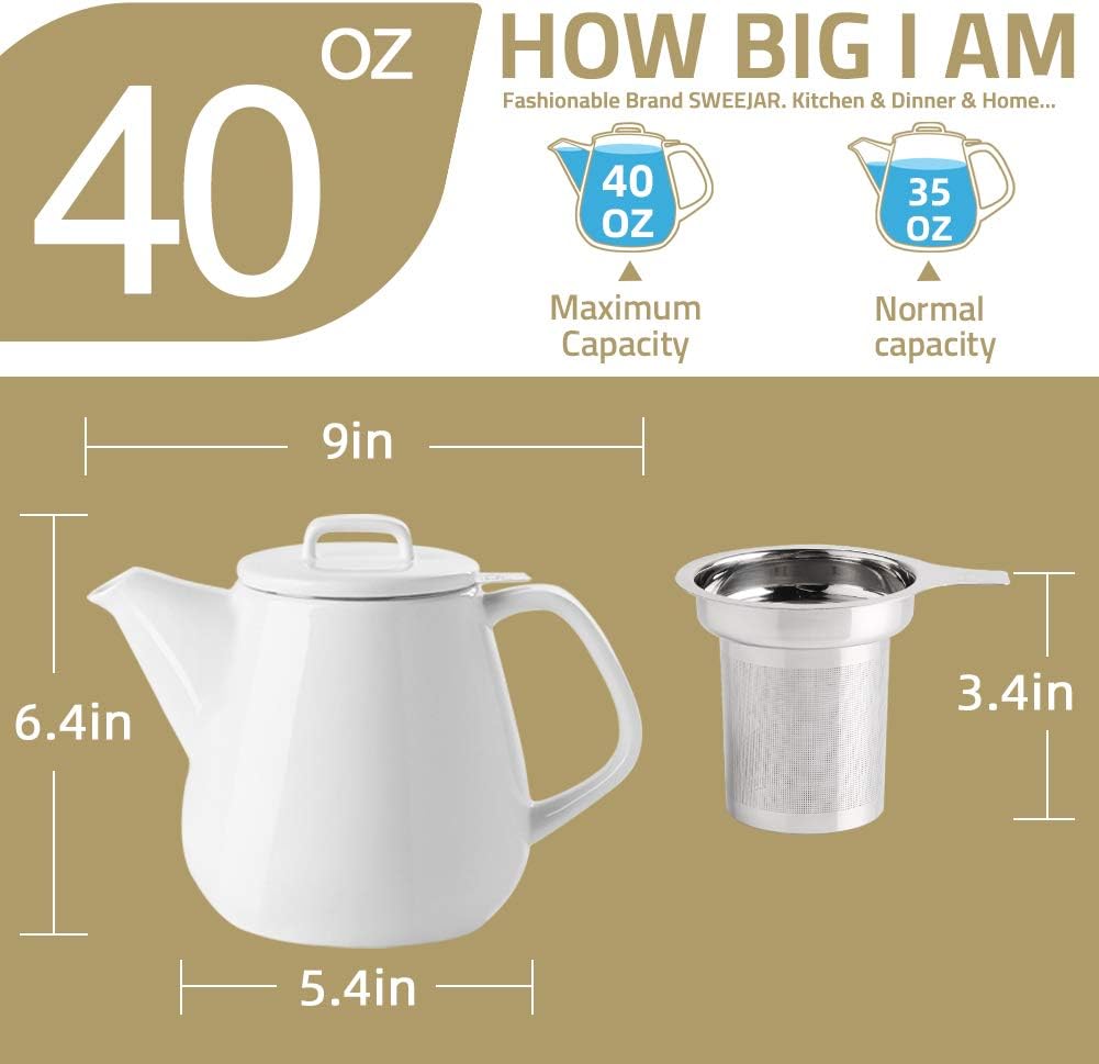 Sweejar 40oz Tea pot with Removable Stainless Steel Infuser,Dishwasher Safe Tea Pots for Loose Tea,Tea Pots with Infuser for Chrismas Women Gift (Gray)