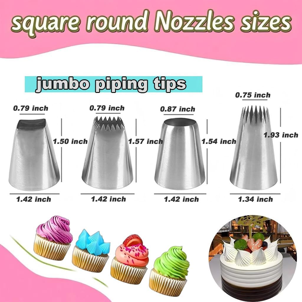 Extra large piping tips set, stainless steel round piping tips,star square wide piping tip jumbo piping tips, Cake DecoratingTips for Cupcakes Pastry Fondant Cakes Decorating (F02 9FT F06 R22L)