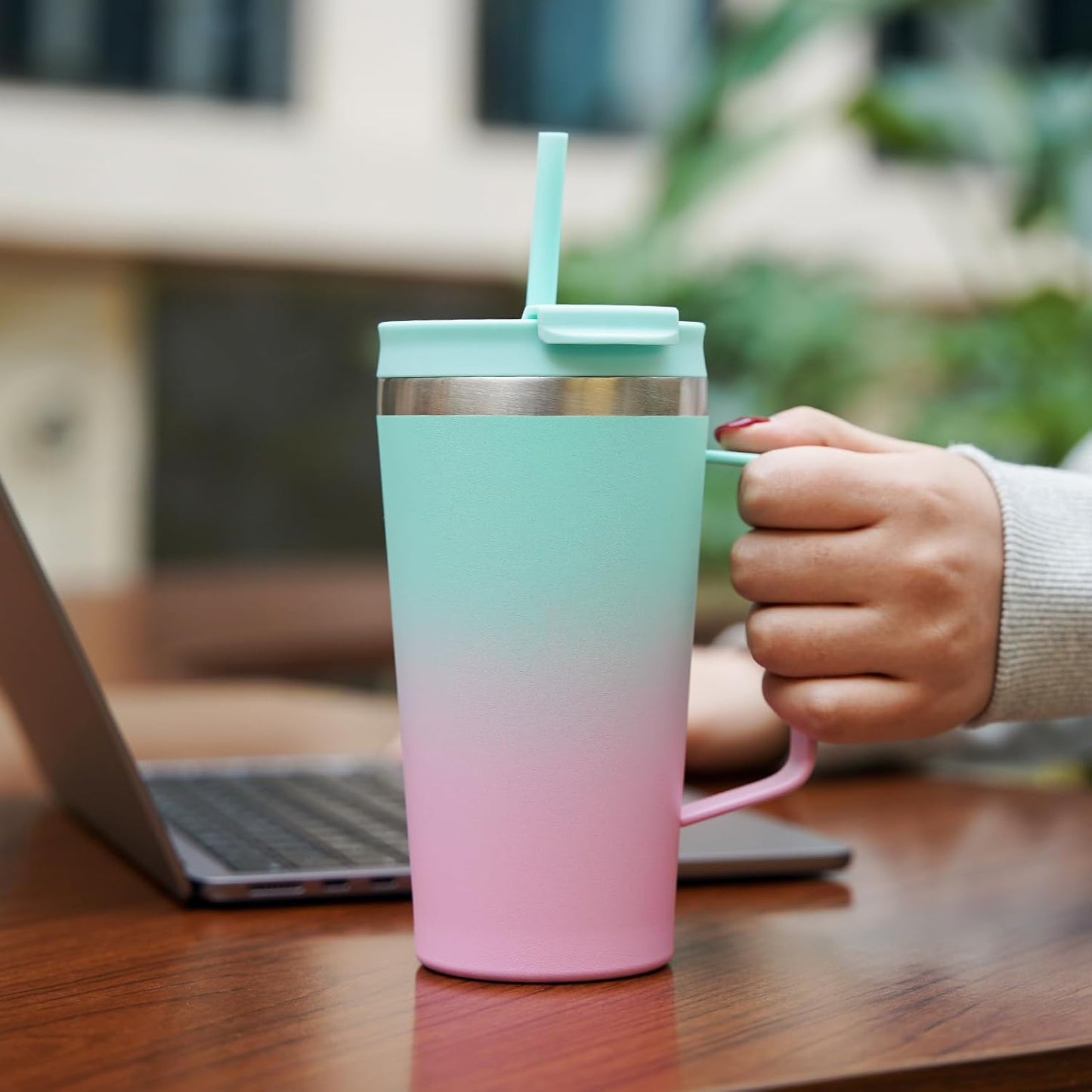 BJPKPK Insulated Tumbler with Handle, 18oz Insulated Tumblers with Lid and Straw, Stainless Steel Metal Water Bottles, Coffee Travel Mugs, Cups, Marshmallow