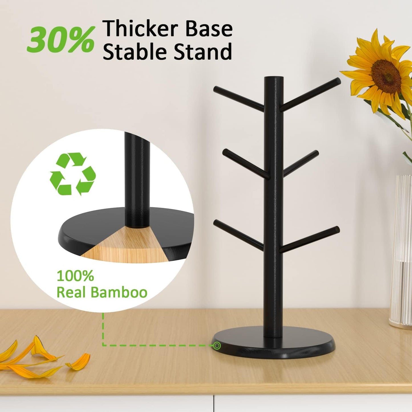 Wisuce Black Coffee Mug Tree Bamboo Mug Holder Coffee Cup Stand Mug Holders for Countertop Coffee Mug Rack Organizer Stand (Black Basic)