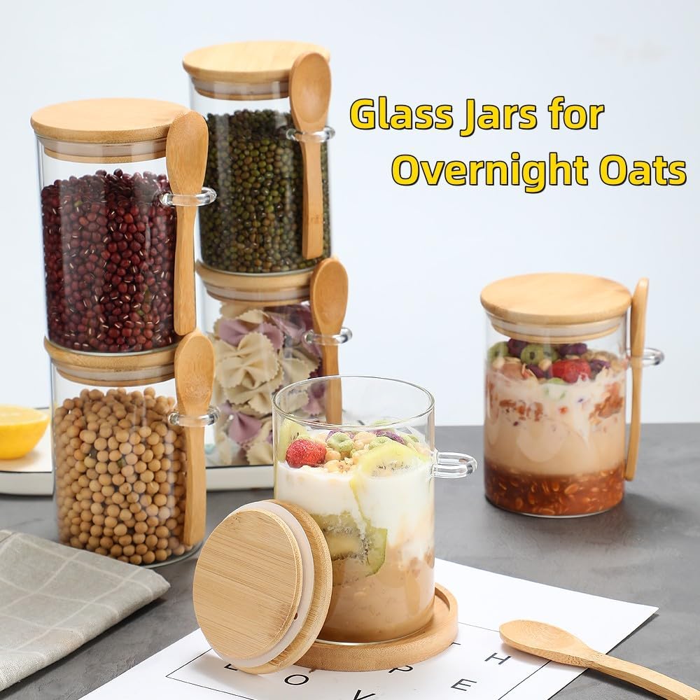 4 Pack Overnight Oats Glass Containers with Lids and Spoons, 17 OZ Glass Jars with Spoons and Lids for Loose Tea, Meal Prep Jars with Bamboo Cover for Chia Pudding, Yogurt