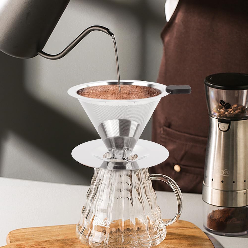 Pour Over Coffee Dripper with Cleaning Brush, Stainless Steel Cone Coffee Filter Fine Mesh Double Layer, Paperless Reusable Coffee Filter, Drip Cone Brew Coffee Strainer(SIZE:Small)