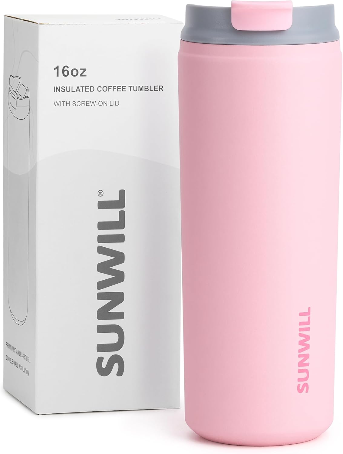 SUNWILL Travel Coffee Mug with Lid, Stainless Steel Coffee Tumbler Cups Leakproof 16 oz, Powder Coated Light Pink