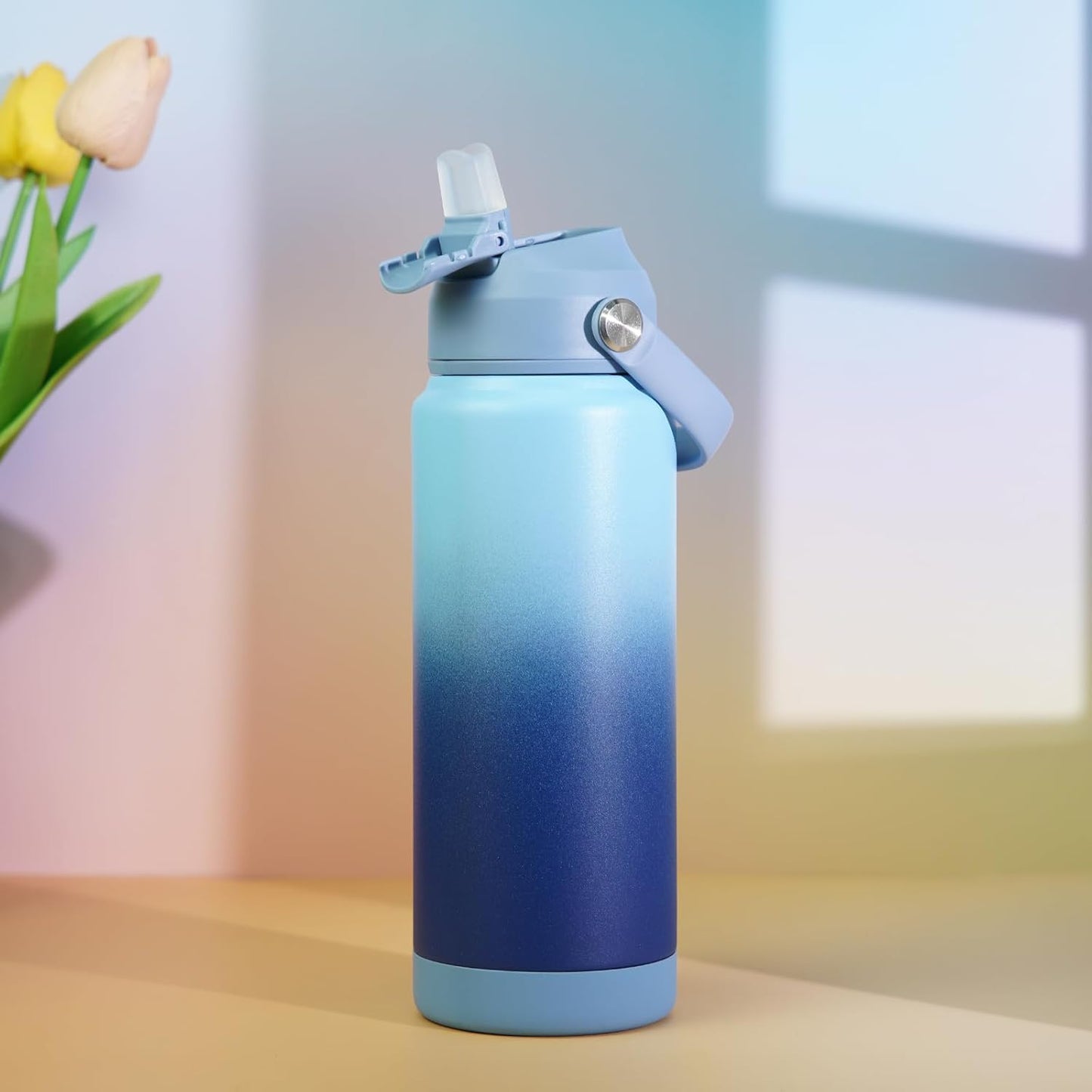 BJPKPK Insulated Water Bottle with Straw Lid, 40oz Large Thermos, BPA Free Leak Proof Stainless Steel Metal Water Bottles, Tumblers, Cups, Flasks for Travel, Sports,Sky