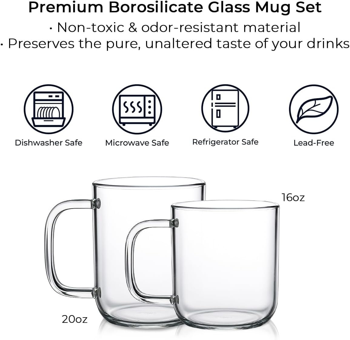 Aquach Glass Mugs 20 oz Set of 2, Extra Large Clear Glass Cup with Handle for Hot/Cold Coffee Tea Beverage, Drinking Glasses