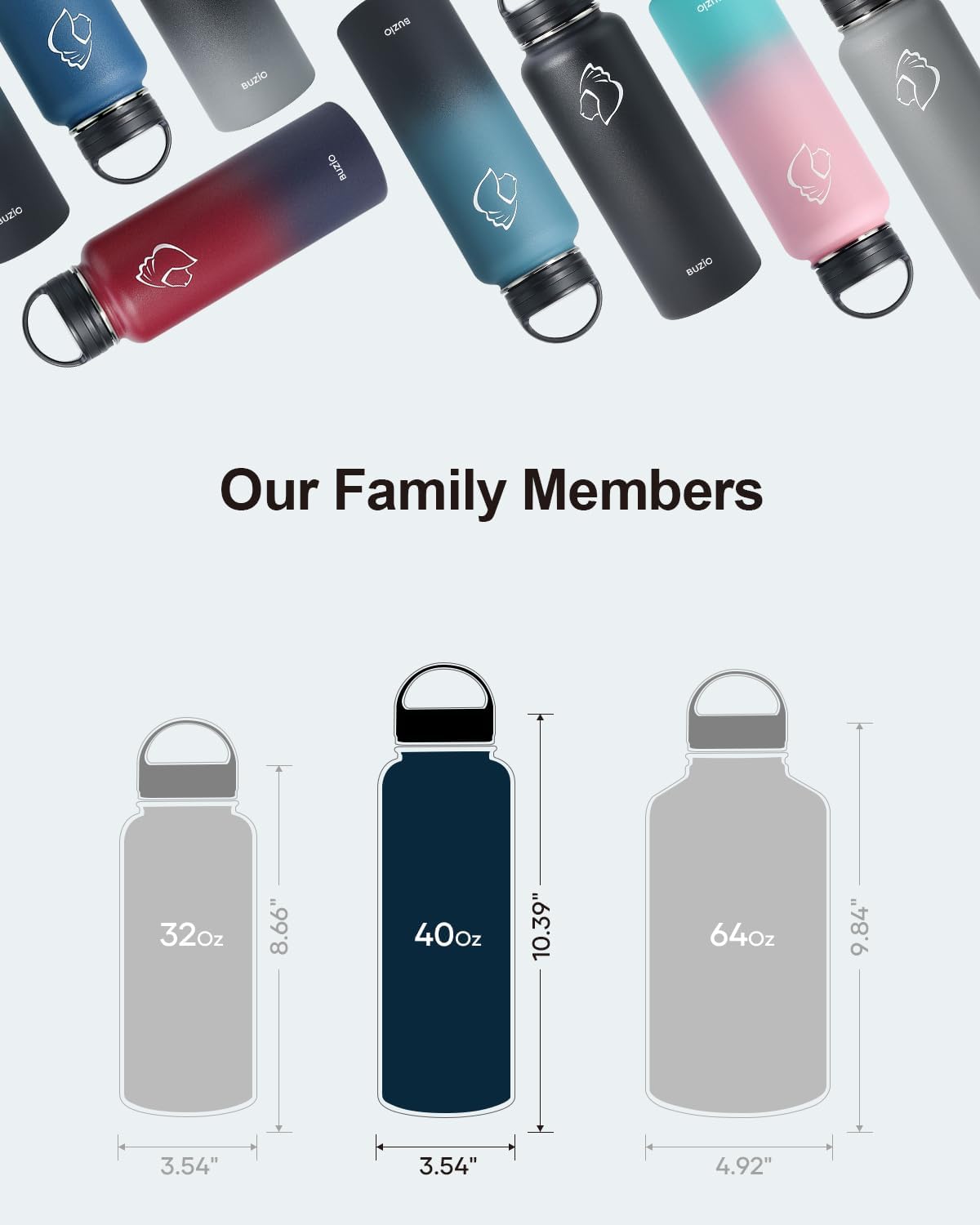 BUZIO 40 oz Water Bottle Insulated with Straw & 3 lid and Carrying Pouch, Leak Proof Anti-Slip Stainless Steel Water Flask Jug, Cold for 48 Hrs Double Vacuum Thermo Canteen, BPA-Free, Ruby Red Navy