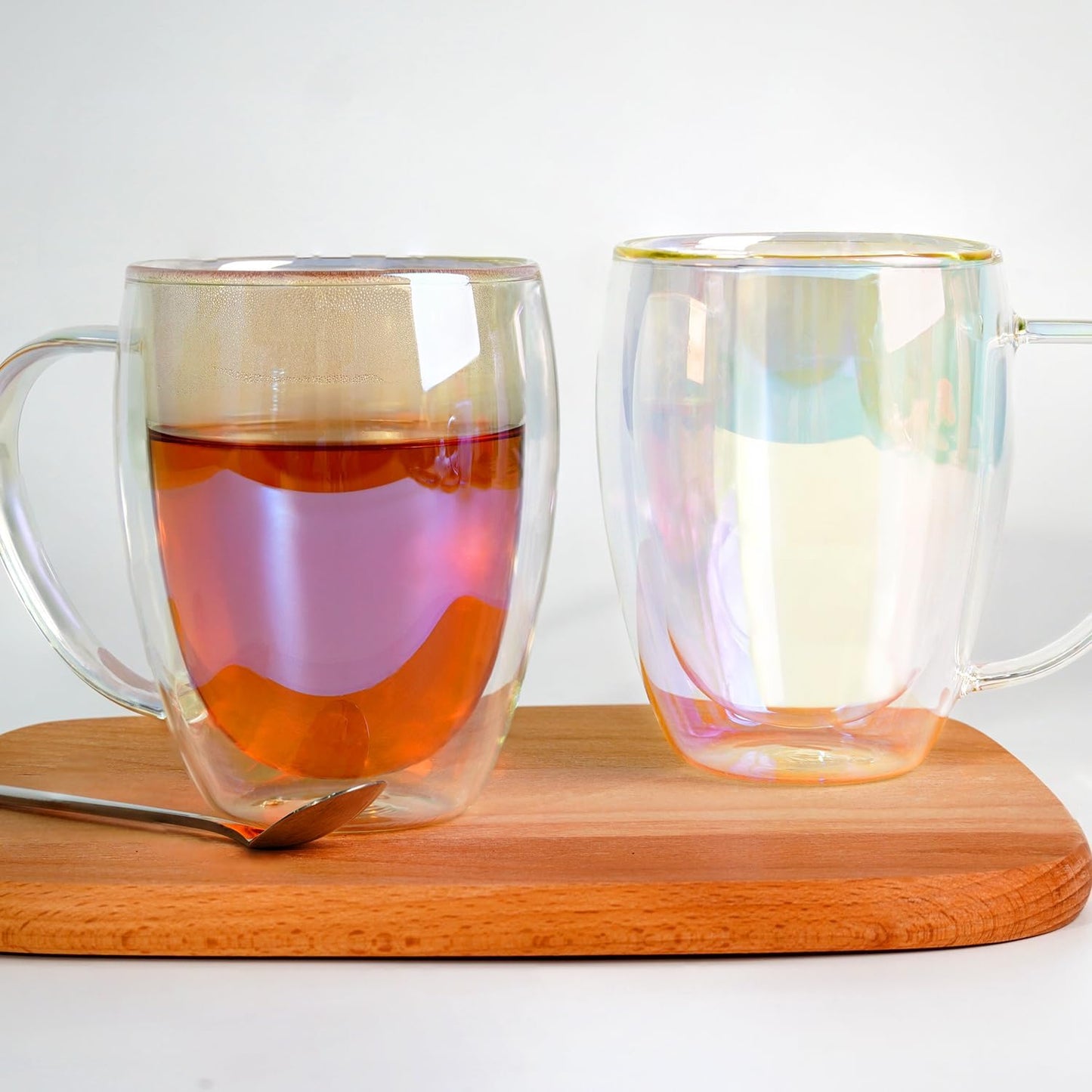 Double Walled Glass Coffee Mugs 12 OZ, Set of 2 Iridescent Glass Cups With Handle Perfect for Espresso, Cappuccino, Latte, Americano, Tea Bag, Beverage