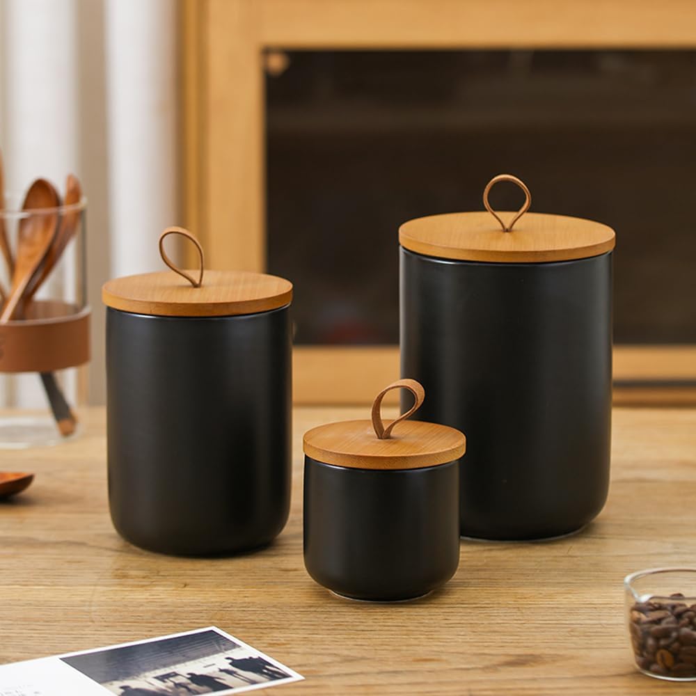 Ceramic Storage Jars, Modern Elegant Highly Polished Airtight Gorgeous Storage Canisters with Wooden Lid Small Food Stroage Jar for Kitchen Spice Tea Vanilla Sugar Coffee Beans (Black-3Pcs)