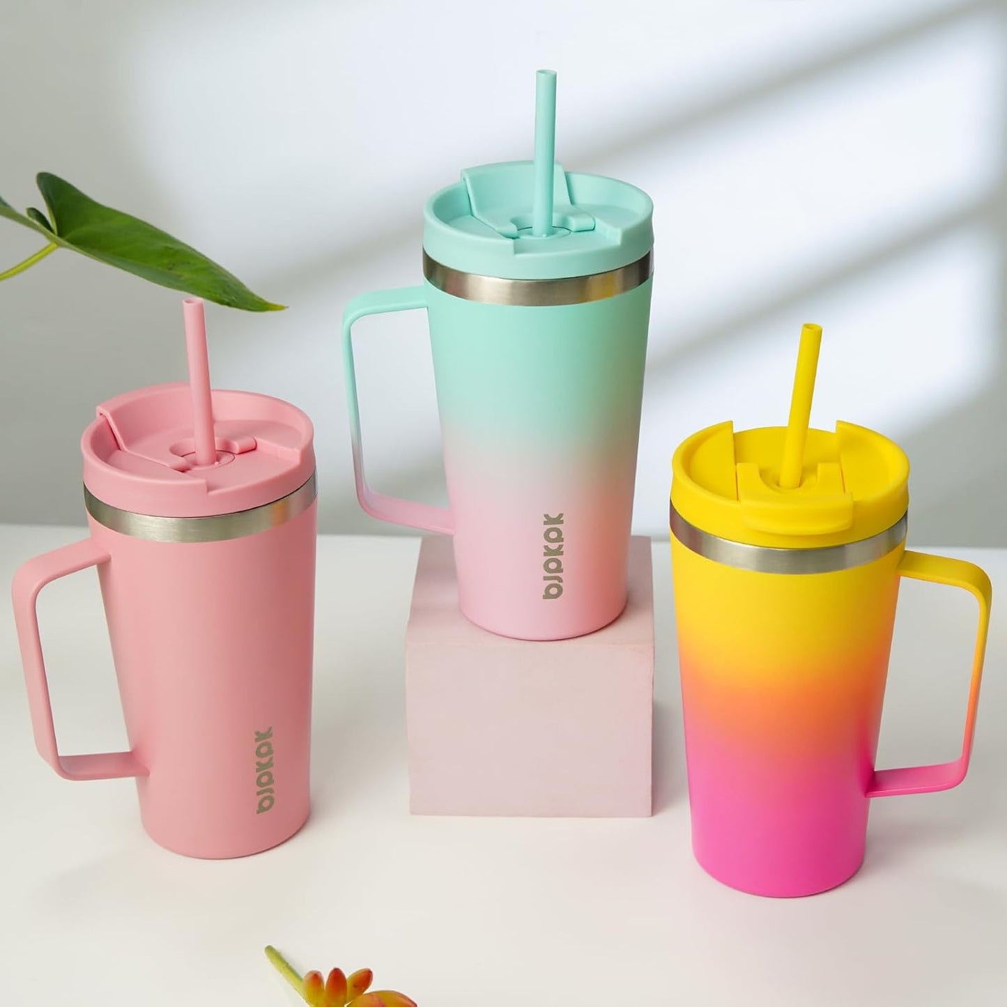 BJPKPK Insulated Tumbler with Handle, 22oz Insulated Tumblers with Lid and Straw, Stainless Steel Metal Water Bottles, Coffee Travel Mugs, Cups, Pink & Yellow Rose