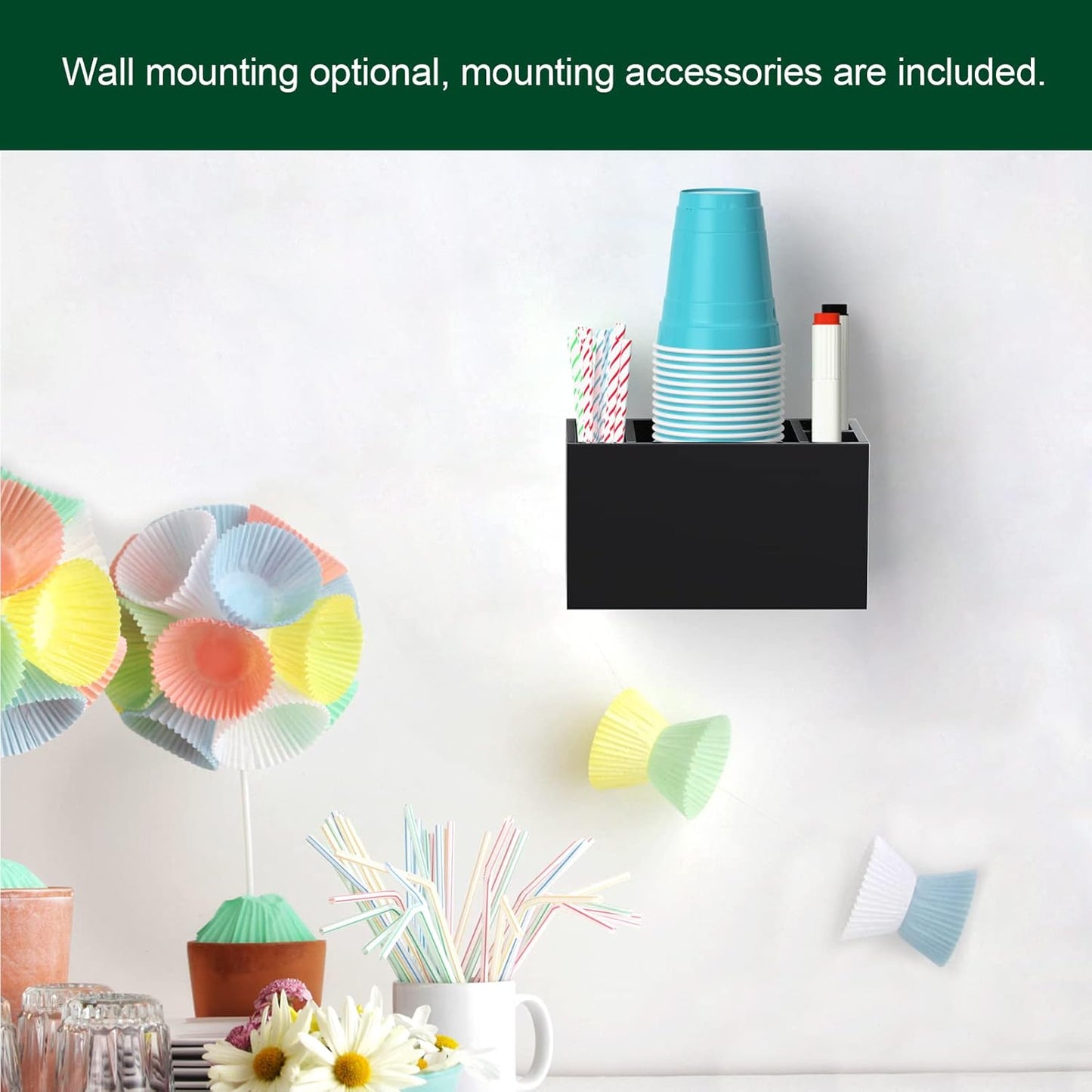 Cup Holder With Marker Slot, Party Dispenser Acrylic Organizer, Mark Your Drink Caddy, Modern Bar Counter Decor, Black