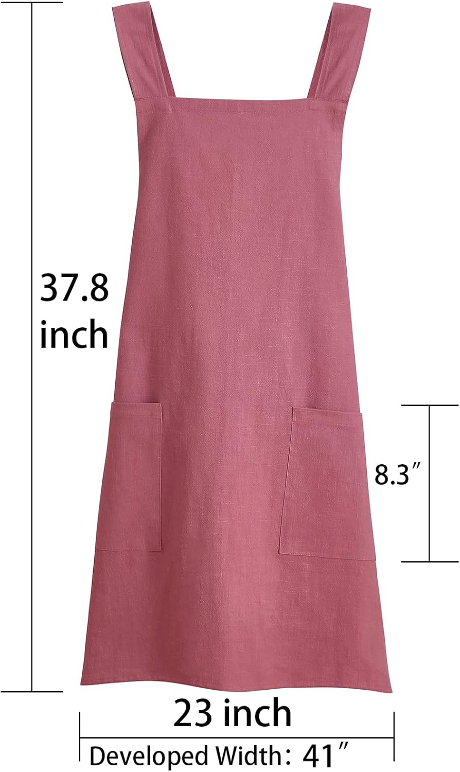 Soft Cotton Linen Apron for Women - Non-tie Cross Back Apron with Pockets, Great for Florist and Kitchen