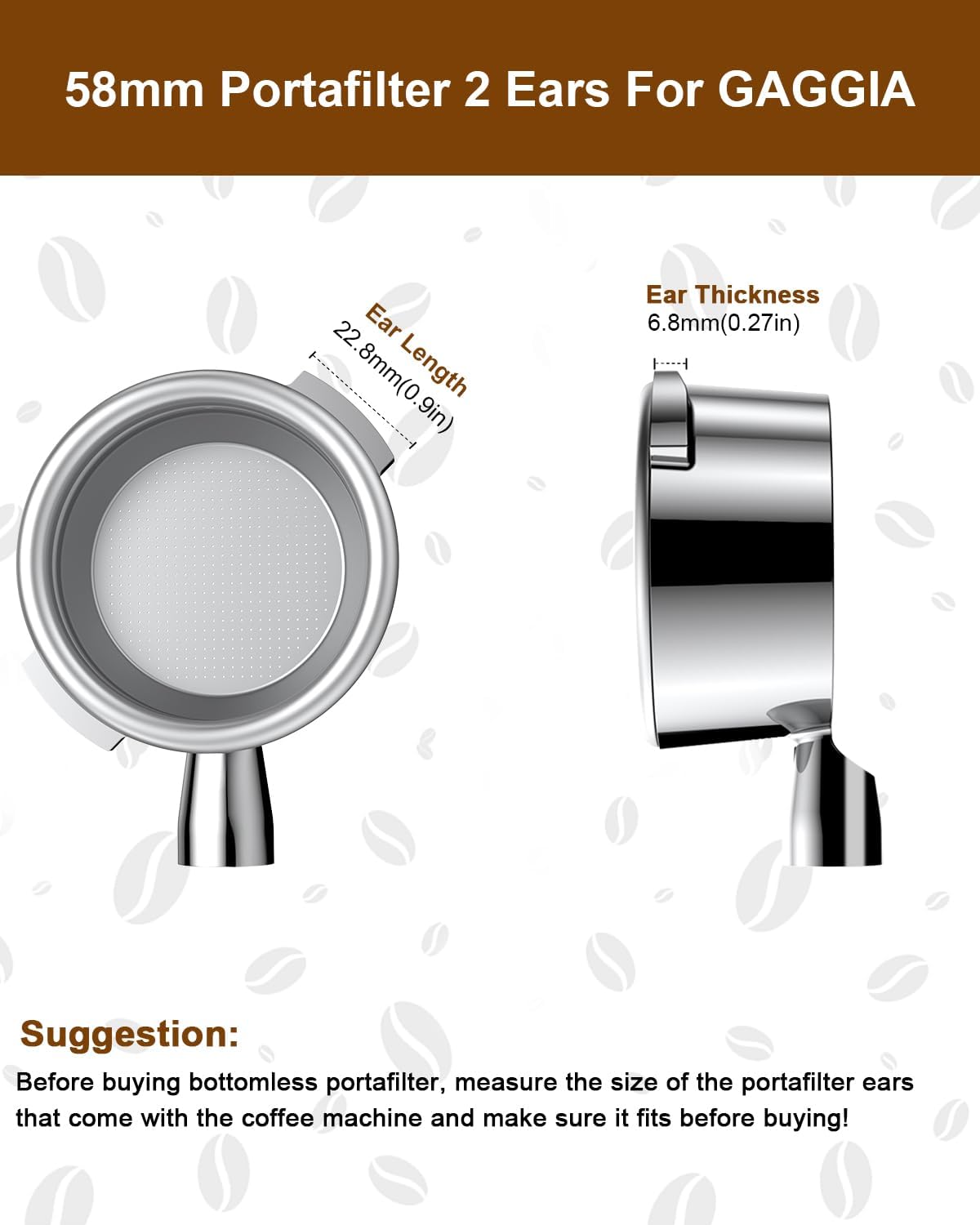 58mm Bottomless Portafilter For Gaggia, 2 Ears Flat Naked Portafilter Fits Gaggia Espresso Coffee Machines with Anodized Aluminum Handle, Stainless Steel Head,18g Filter Basket, Puck Screen Included