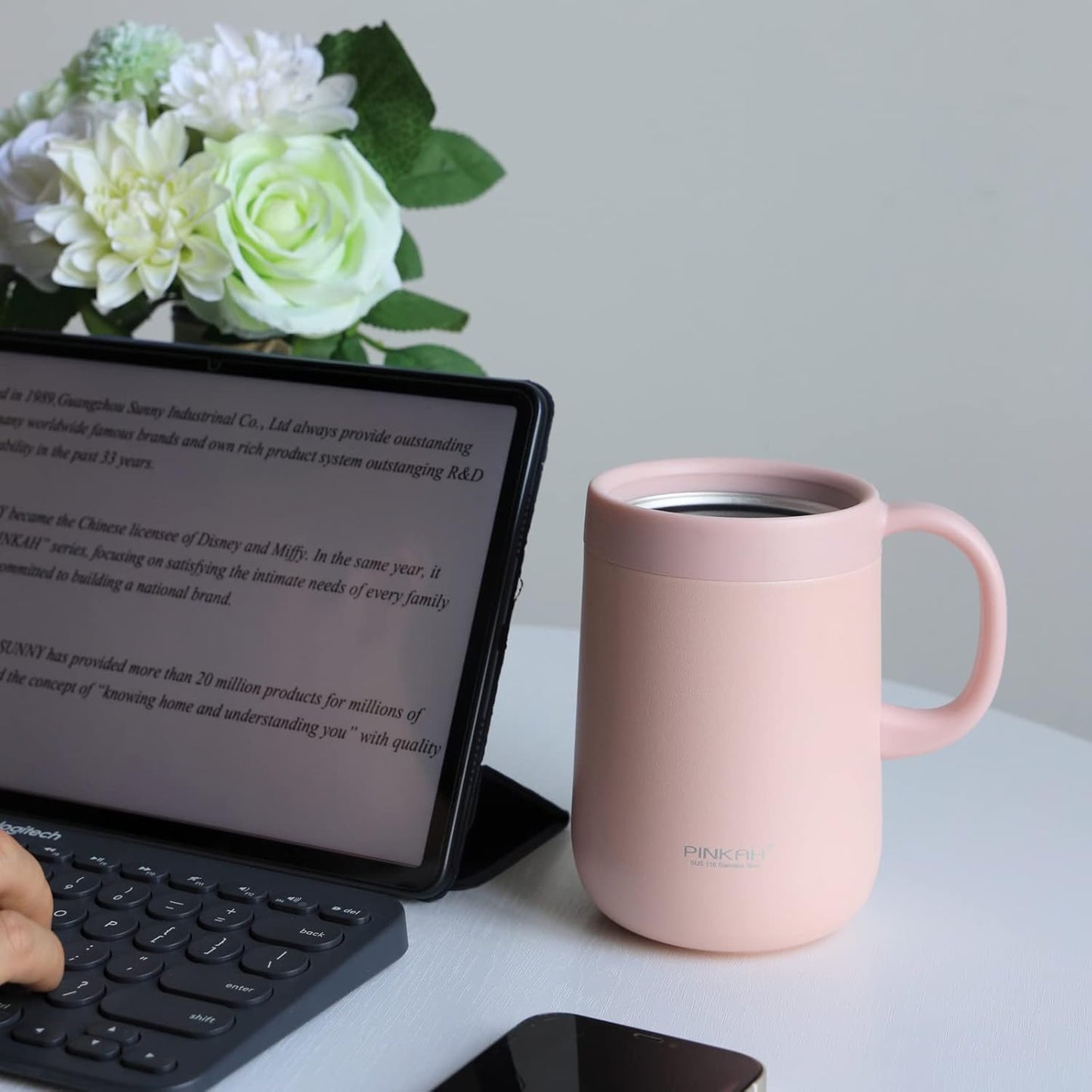 Stainless Steel Coffee Mug with Lid and Handle, Double Wall Vacuum Insulated Cup, 16oz, Pink