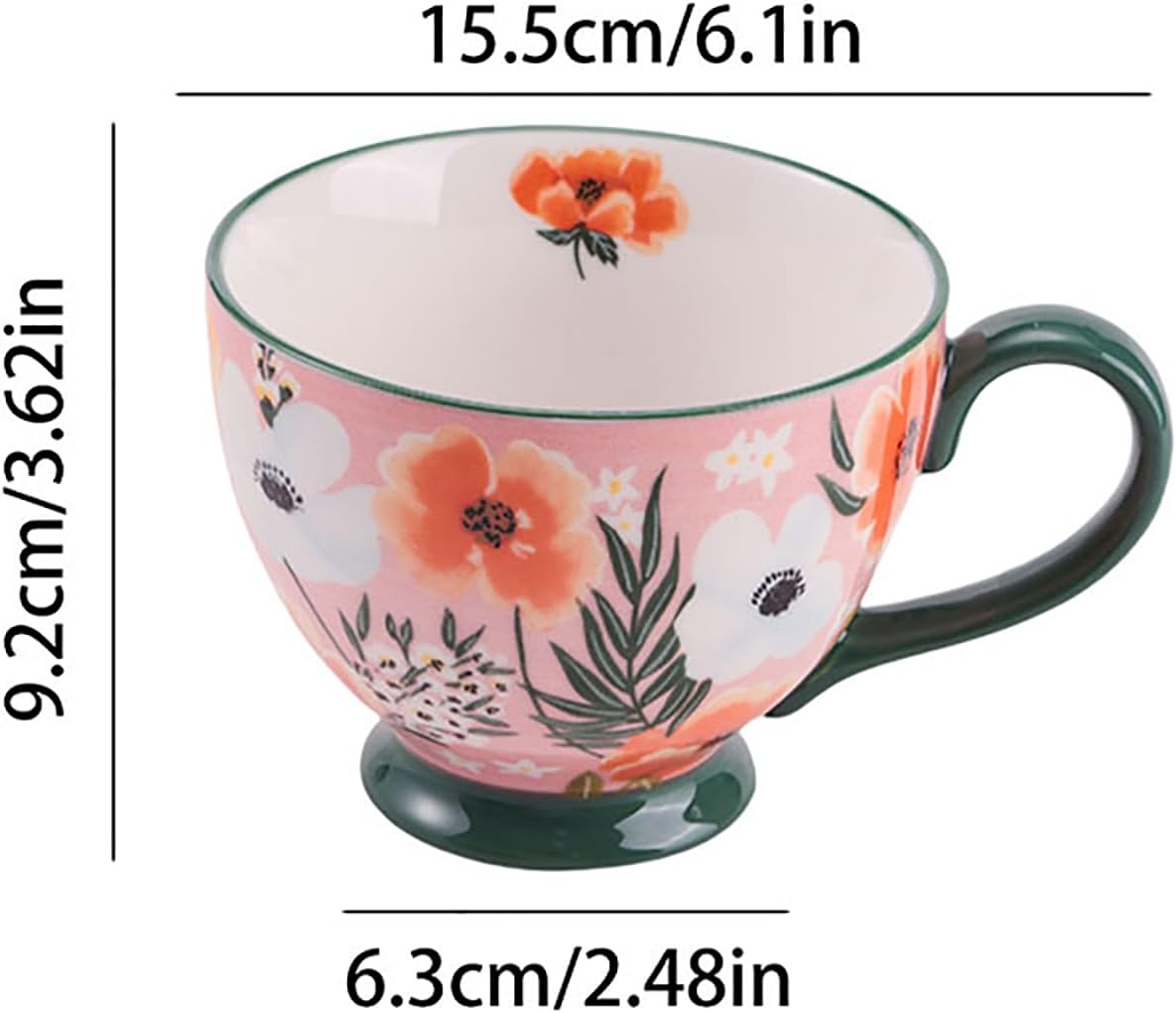 Vintage Flower Mugs β Large Ceramic Coffee Mug (15oz) β Cute Cereal Cup for Breakfast, Oatmeal Tea & Hot Drinks β Handmade Ceramic Cup with Floral Design