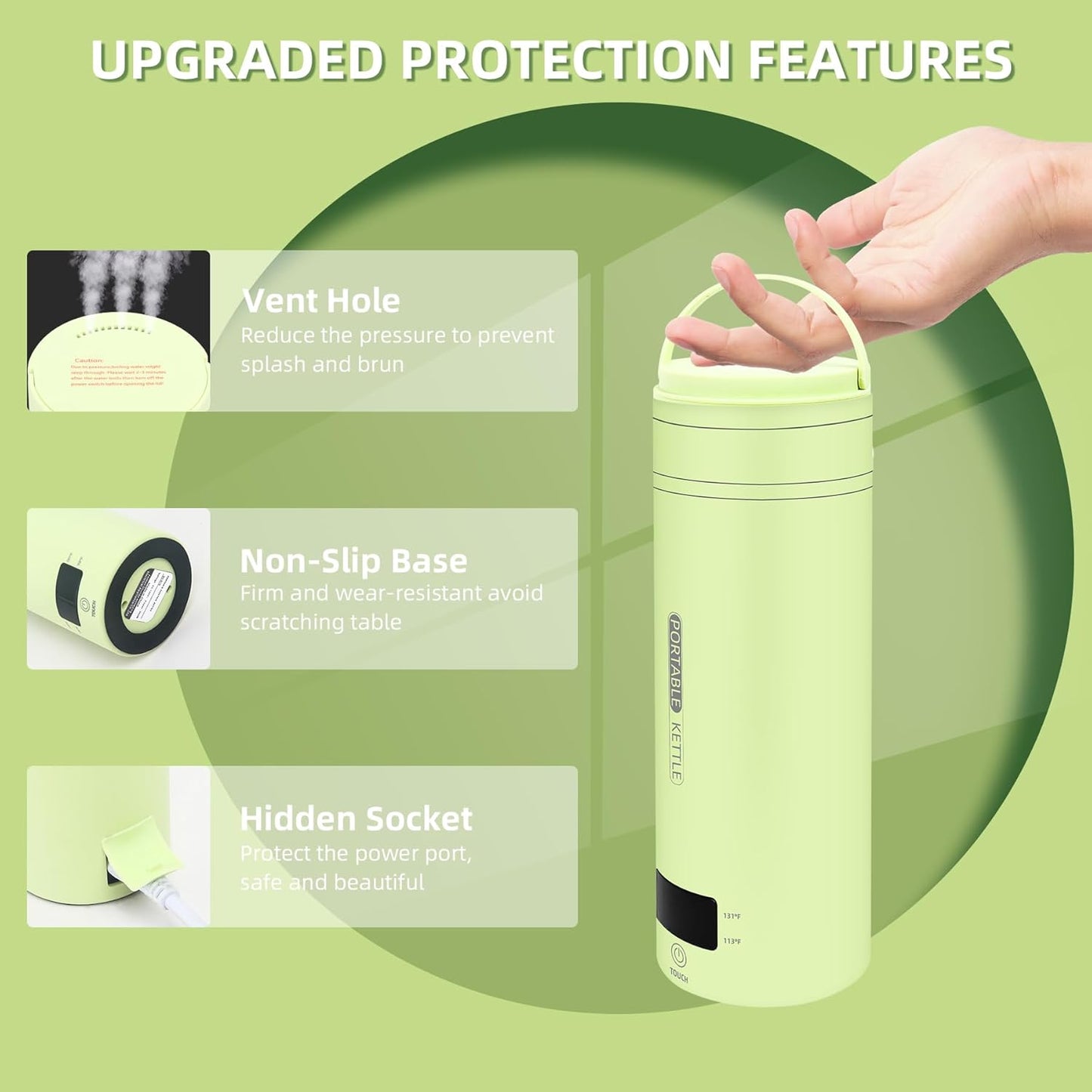 Travel Electric Kettle Portable Small Mini Tea Coffee Kettle Water Boiler, Water Heater with 4 Temperature Control,304 Stainless Steel with Auto Shut-Off & Boil Dry Protection, BPA-Free (Green)