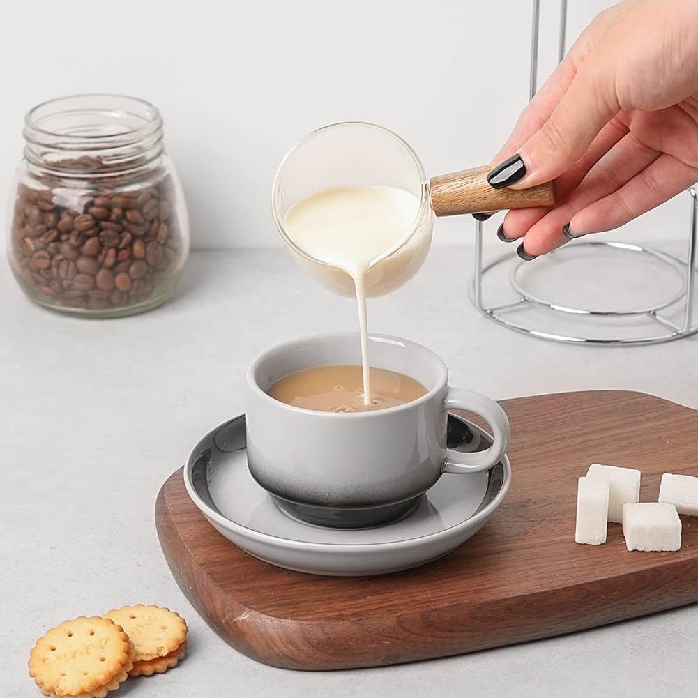 Sweejar Porcelain Espresso Cups with Saucers, 4 Ounce Stackable Cappuccino Cups with Metal Stand for Coffee Drinks, Latte, Tea - Set of 4 (Fog blue)