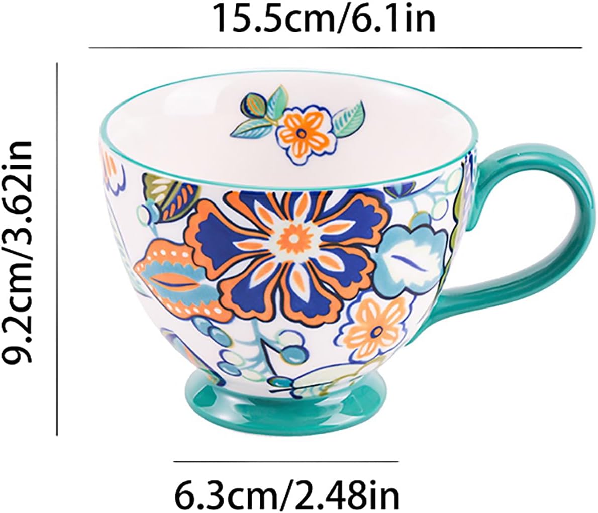 Vintage Flower Mugs β Large Ceramic Coffee Mug (15oz) β Cute Cereal Cup for Breakfast, Oatmeal Tea & Hot Drinks β Handmade Ceramic Cup with Floral Design