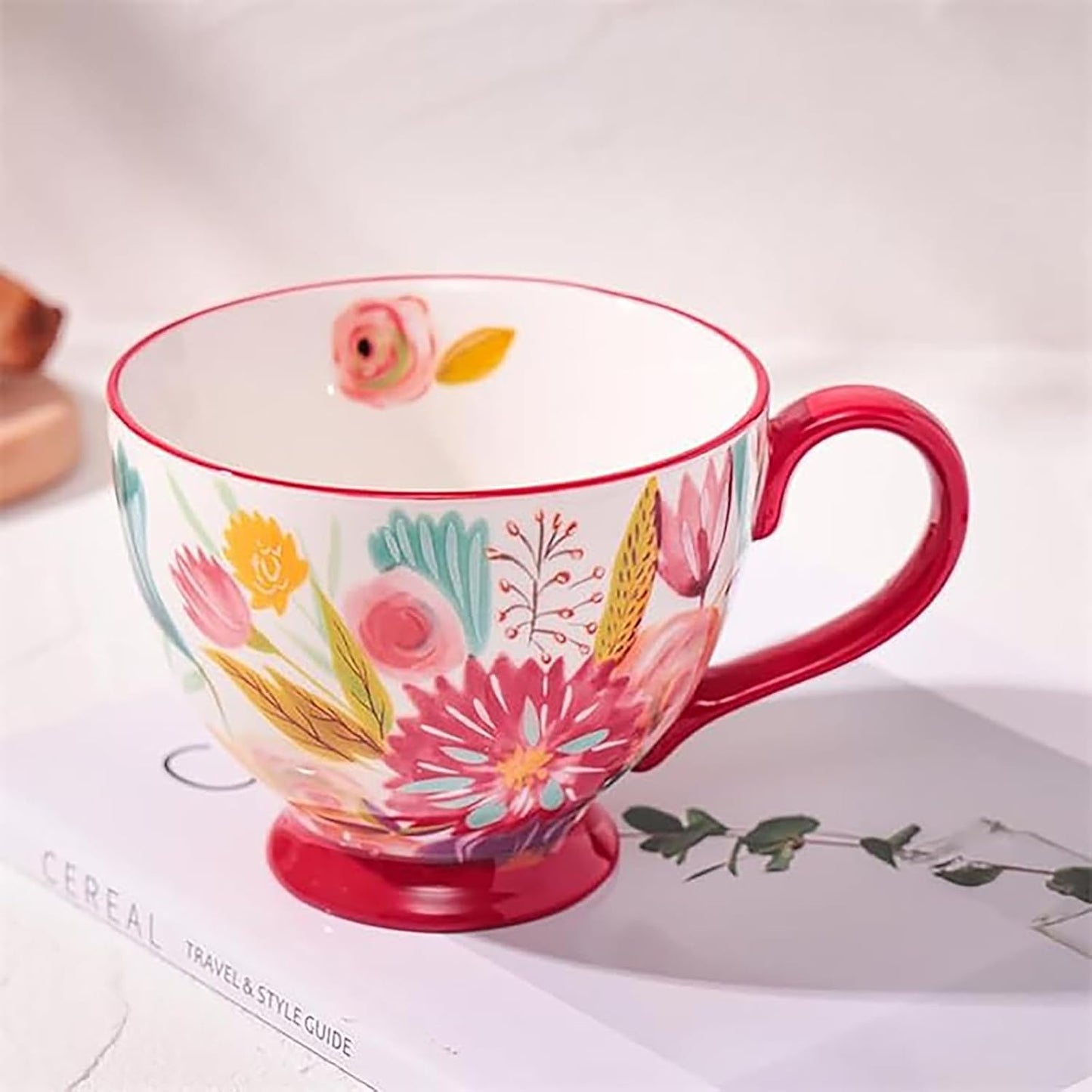 Vintage Flower Mugs β Large Ceramic Coffee Mug (15oz) β Cute Cereal Cup for Breakfast, Oatmeal Tea & Hot Drinks β Handmade Ceramic Cup with Floral Design