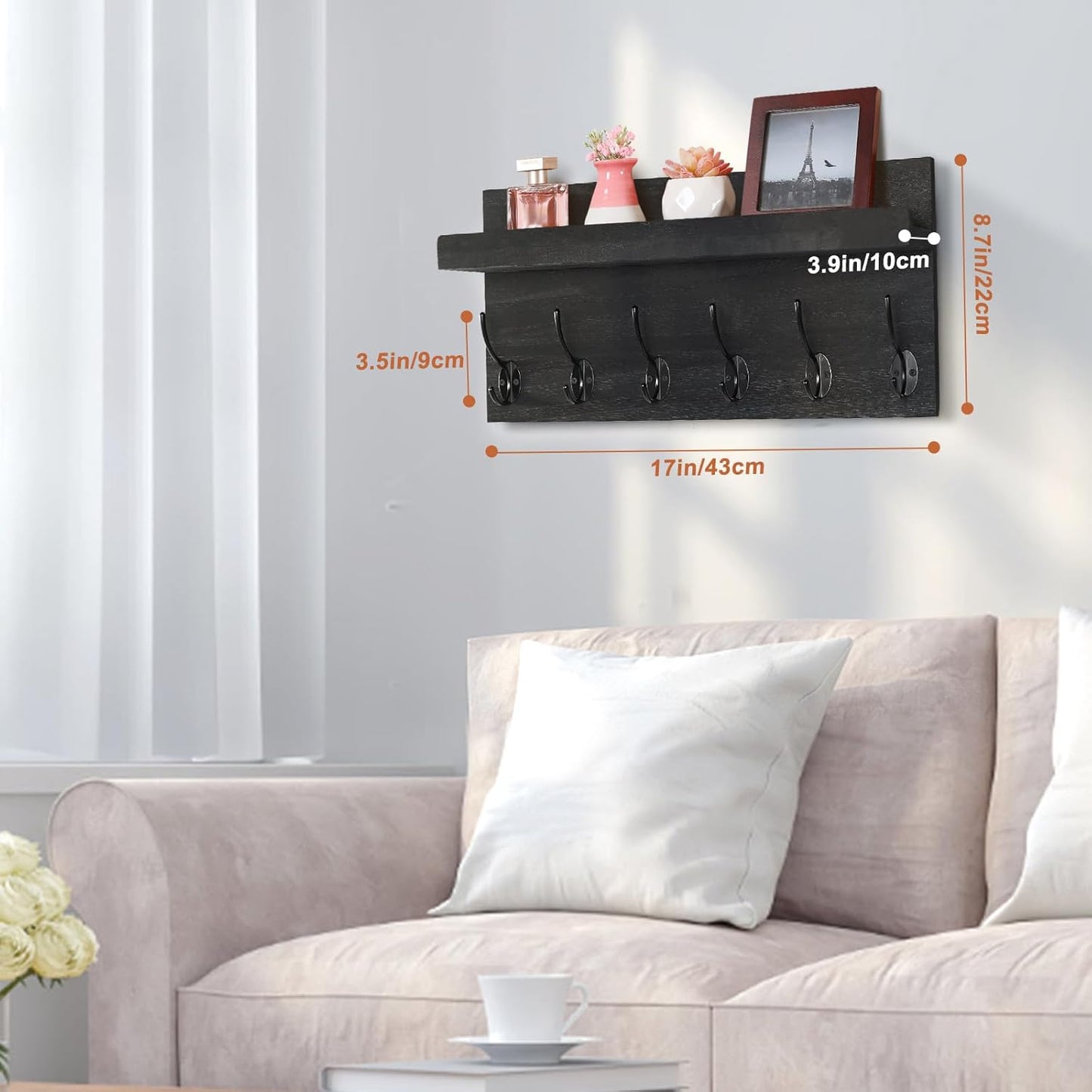 Shelf with Hooks, Coat Rack Wall Mount with 6 Double Metal Hooks, 17 Inch Farmhouse Wall Hooks with Shelf, for Entryway, Bathroom, Kitchen, Black