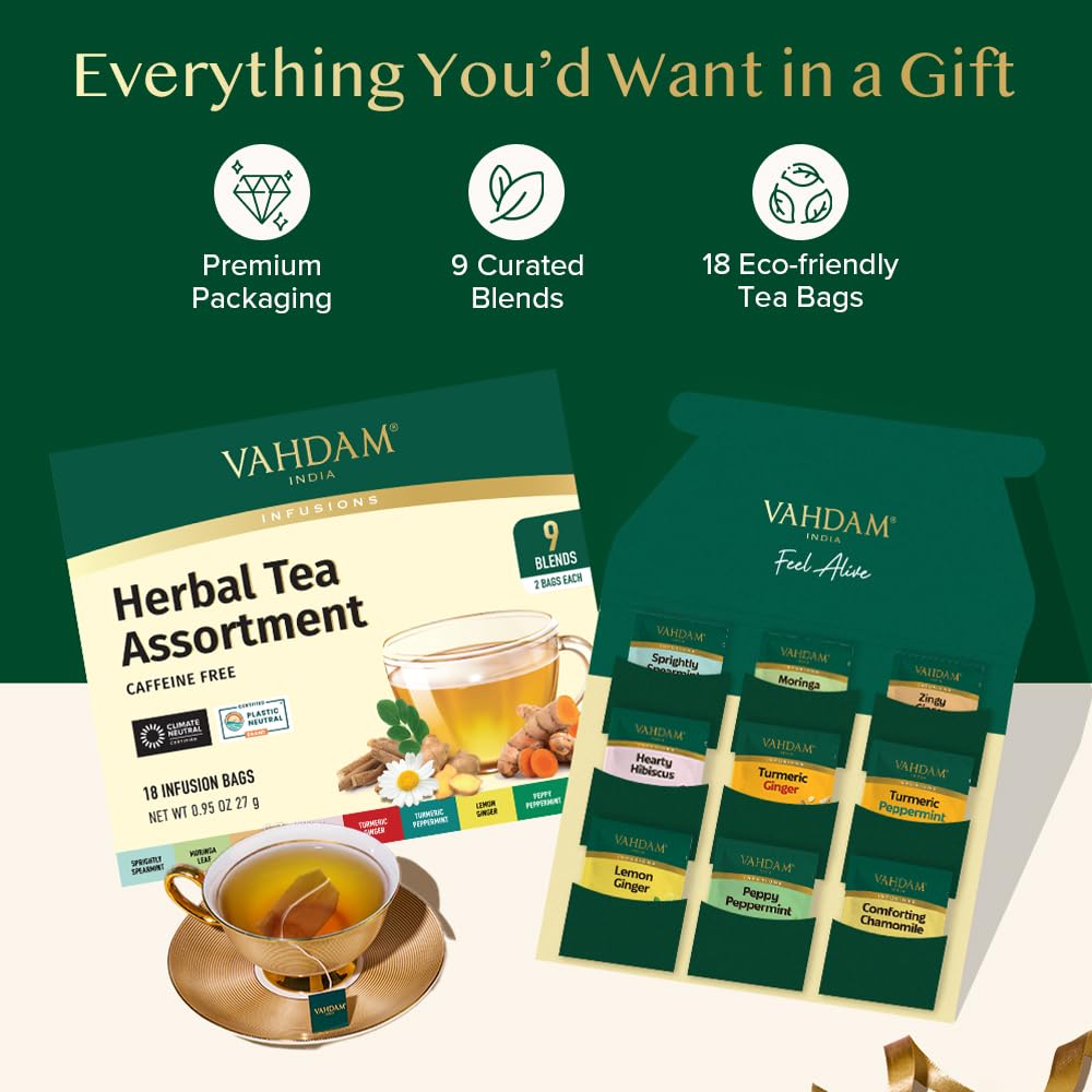 VAHDAM, Assorted Herbal Tea Sampler (18 Tea Bags, 9 Flavors) Caffeine-Free, Non-GMO | Double Infusion, Individually Enveloped Tea Bags | Herbal Tea Assortment