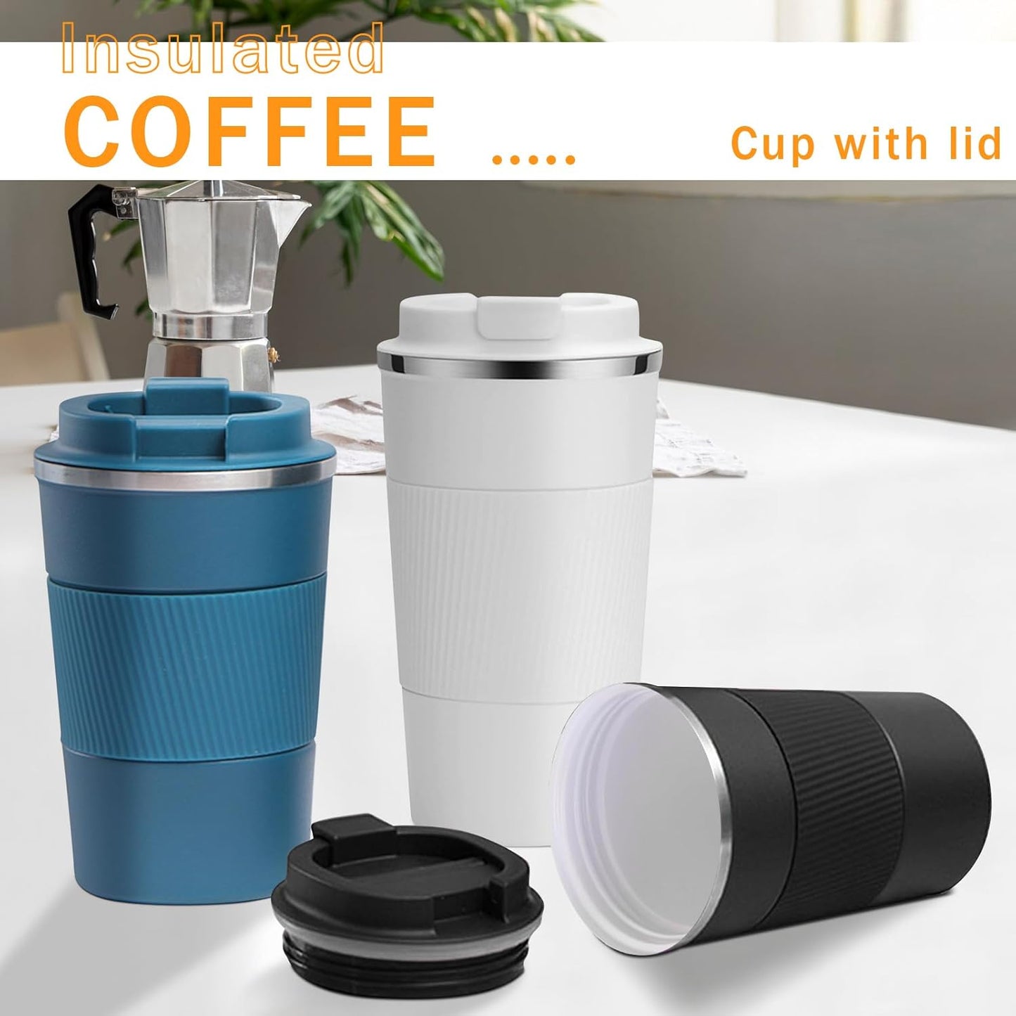 YINBAOGE Insulated Travel Coffee Mug Spill Proof Leak Proof Pobtable To Go Camping Stainless Steel Coffee Tumbler Reusable Coffee Cups with Lids Thermos for Hot and Cold Drink (White, 12 OZ)