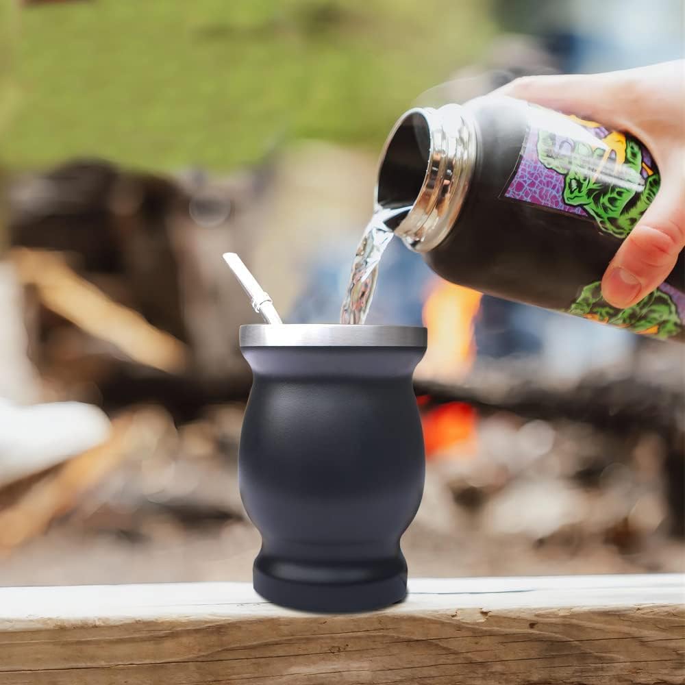 Beruth 8oz Yerba Mate Cup Set, Double Wall 304 Stainless Steel Mate Gourd, Heat Insulated Mug & Anti-Scalding Design, Includes 2 Bombillas & Cleaning Brush (Black)