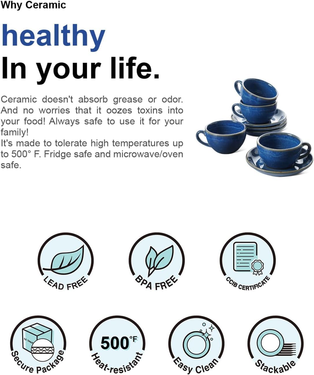 LE TAUCI 8 oz Cappuccino Cups with Saucers, Ceramic Large Coffee Cup for Au Lait, Double shot, Latte, Cafe Mocha, Tea - Set of 4, Ceylon Blue