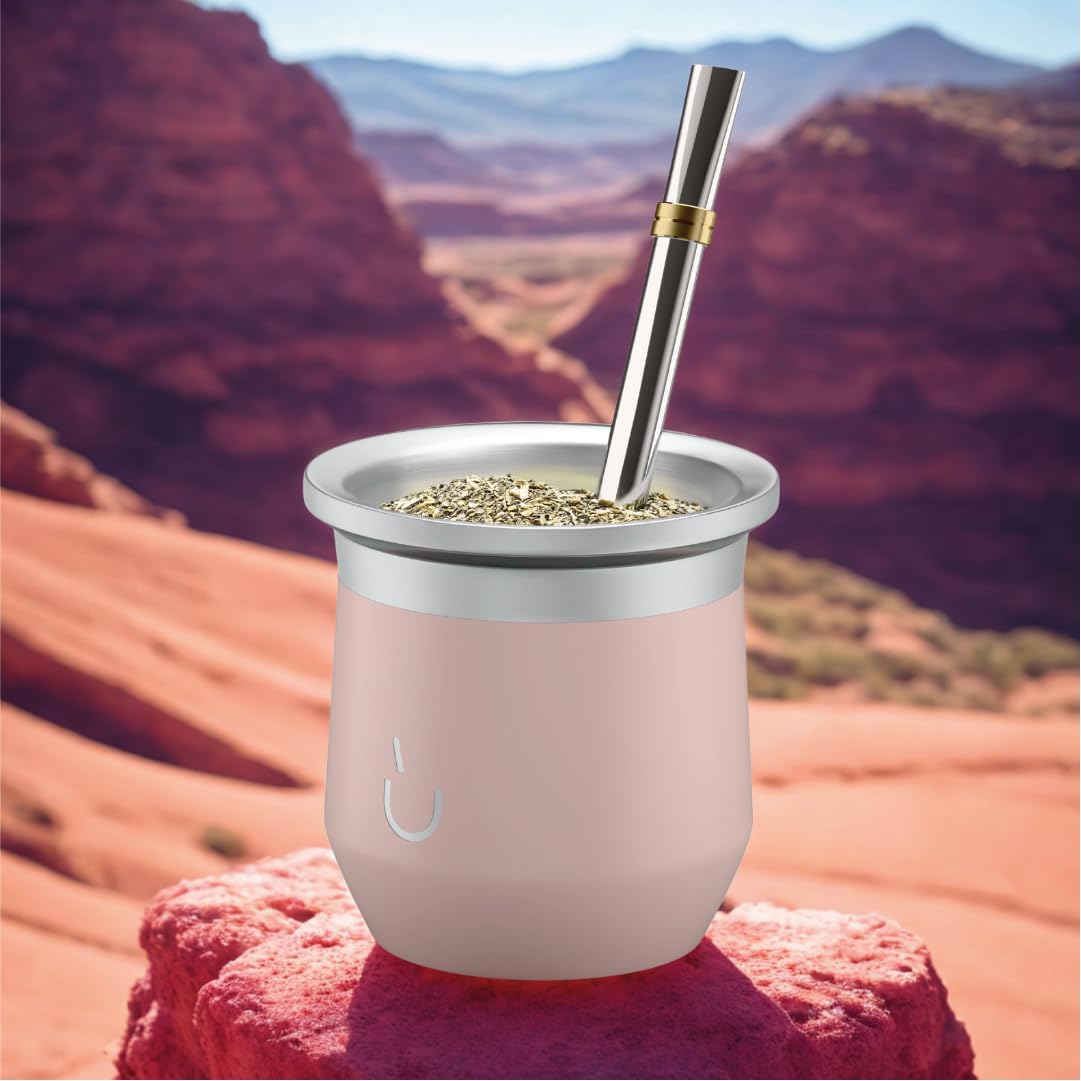 BALIBETOV Yerba Mate Cup – Vacuum Insulated Stainless Steel Gourd with Silicone Cover & Non-Slip Base – Includes 2 Bombillas & Cleaning Brush – Unique Design, Easy to Clean
