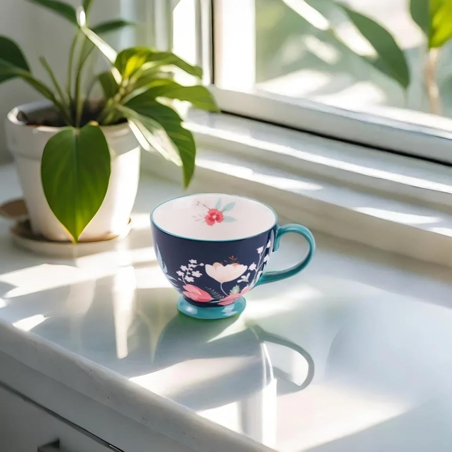 Vintage Flower Mugs β Large Ceramic Coffee Mug (15oz) β Cute Cereal Cup for Breakfast, Oatmeal Tea & Hot Drinks β Handmade Ceramic Cup with Floral Design