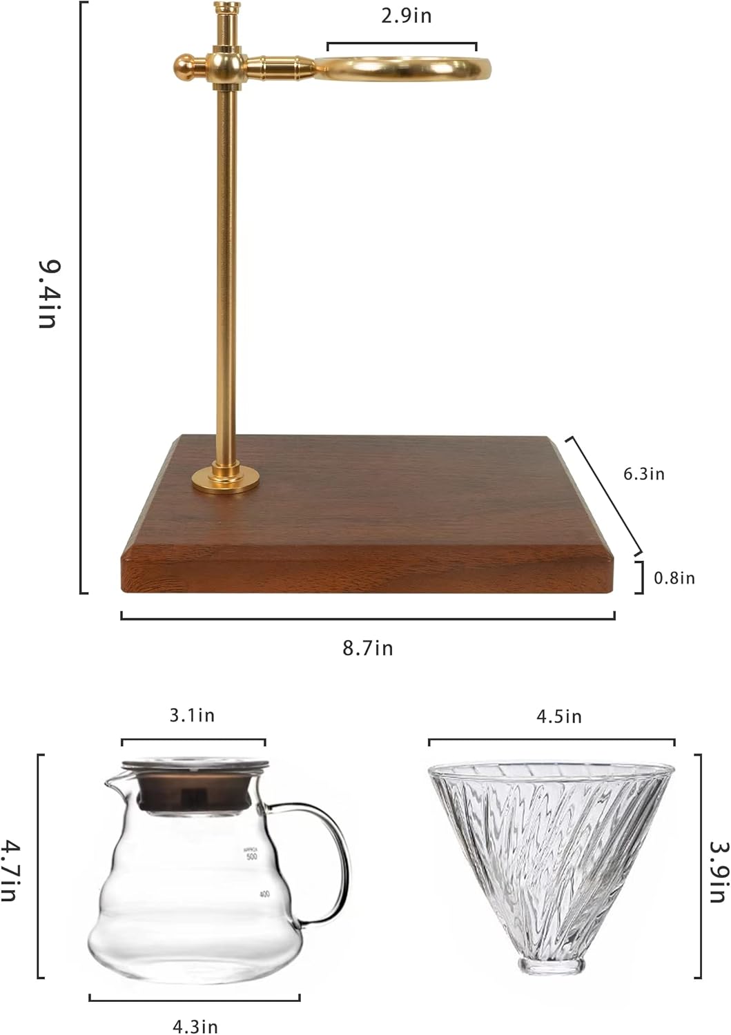 L'ÉPICÉA Pour Over Coffee Maker Set, Pour Over Coffee Maker with Stand, Adjustable Stainless Steel Stand, Wooden Base, Paper Filters, Cone Glass Coffee Carafe, Pour Over Coffee Dripper