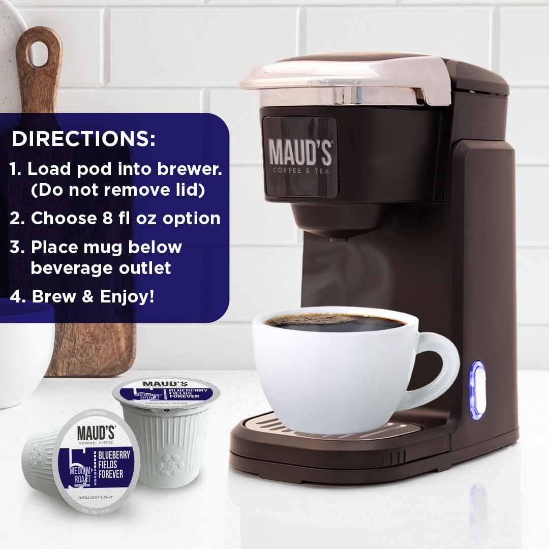 Maud's Blueberry Flavored Coffee Pods, 18 ct, Medium Roast Flavored Coffee in Recyclable Single Serve Pods – 100% Arabica Beans, Compatible with Keurig K Cups Maker
