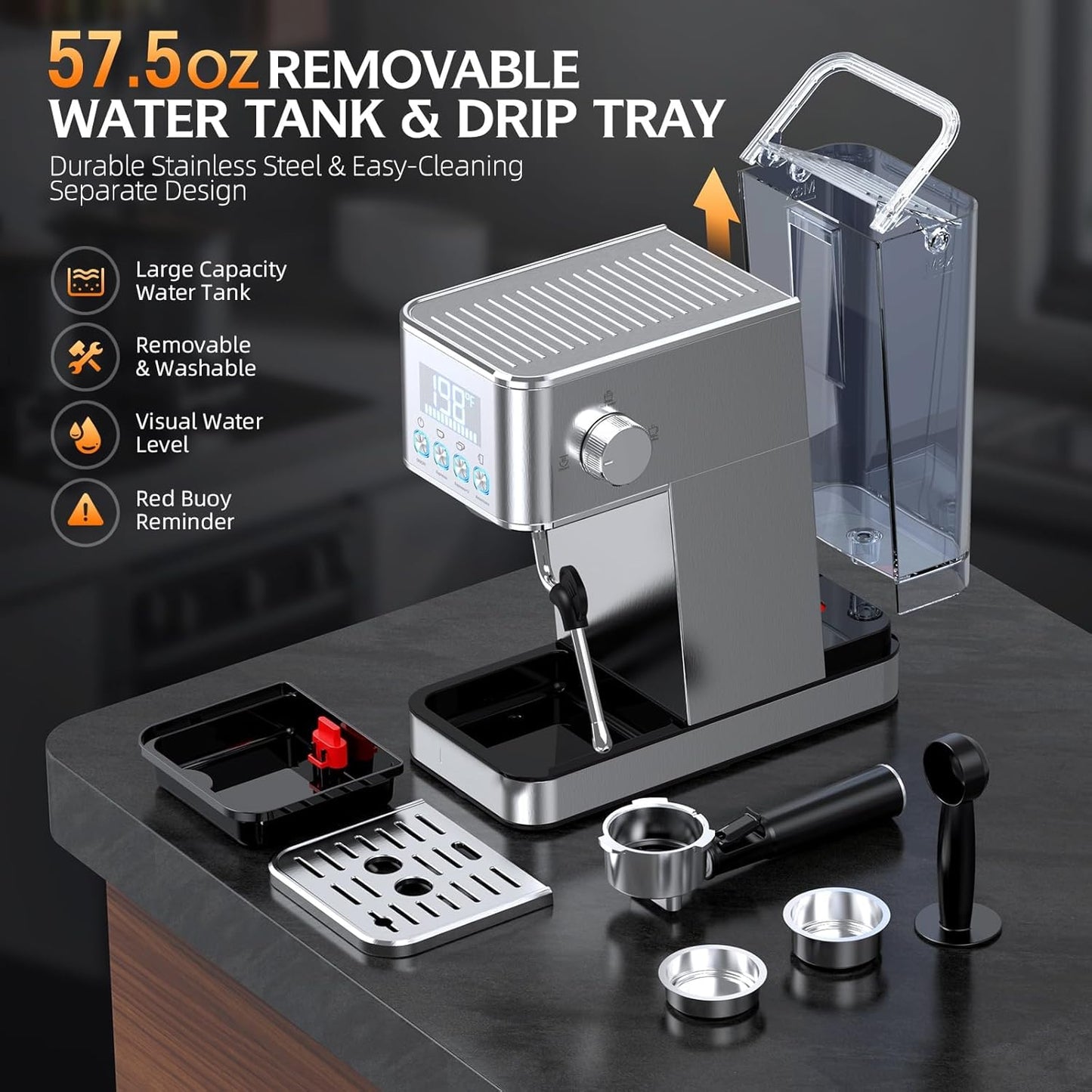 Espresso Machine, 20Bar Compact Stainless Espresso Maker, With Milk Frother Steam Wand, 57.5OZ Removable Water Tank, Displays Making Time & Water Temperature, Cold Brew & Cappuccino, Silver