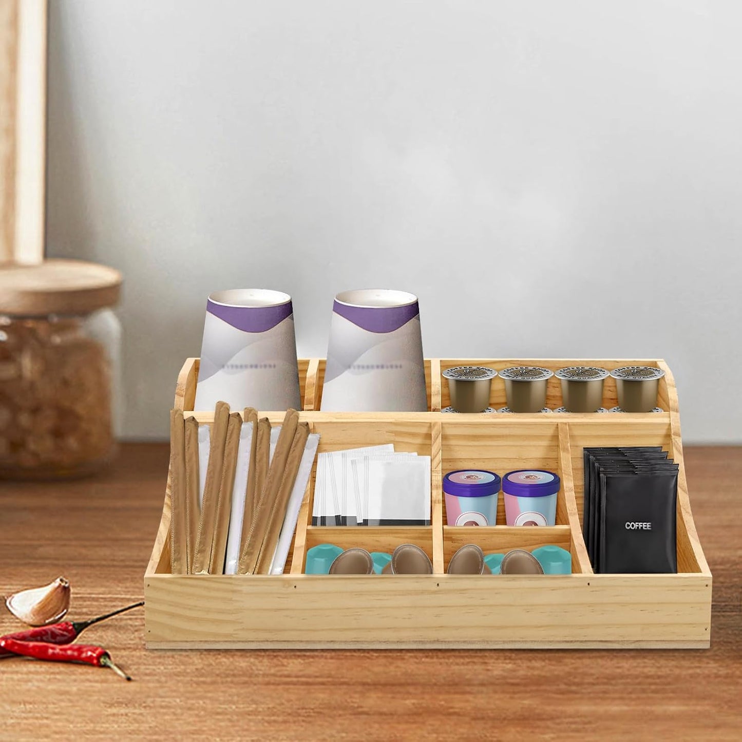 Coffee Bar Organizer for Countertop, Wooden Condiment Organizer Coffee Station Organizer Coffee Cup Pod Holder, Coffee Bar Organizer for Home Office Cafe, 9 Compartment, Wood Color