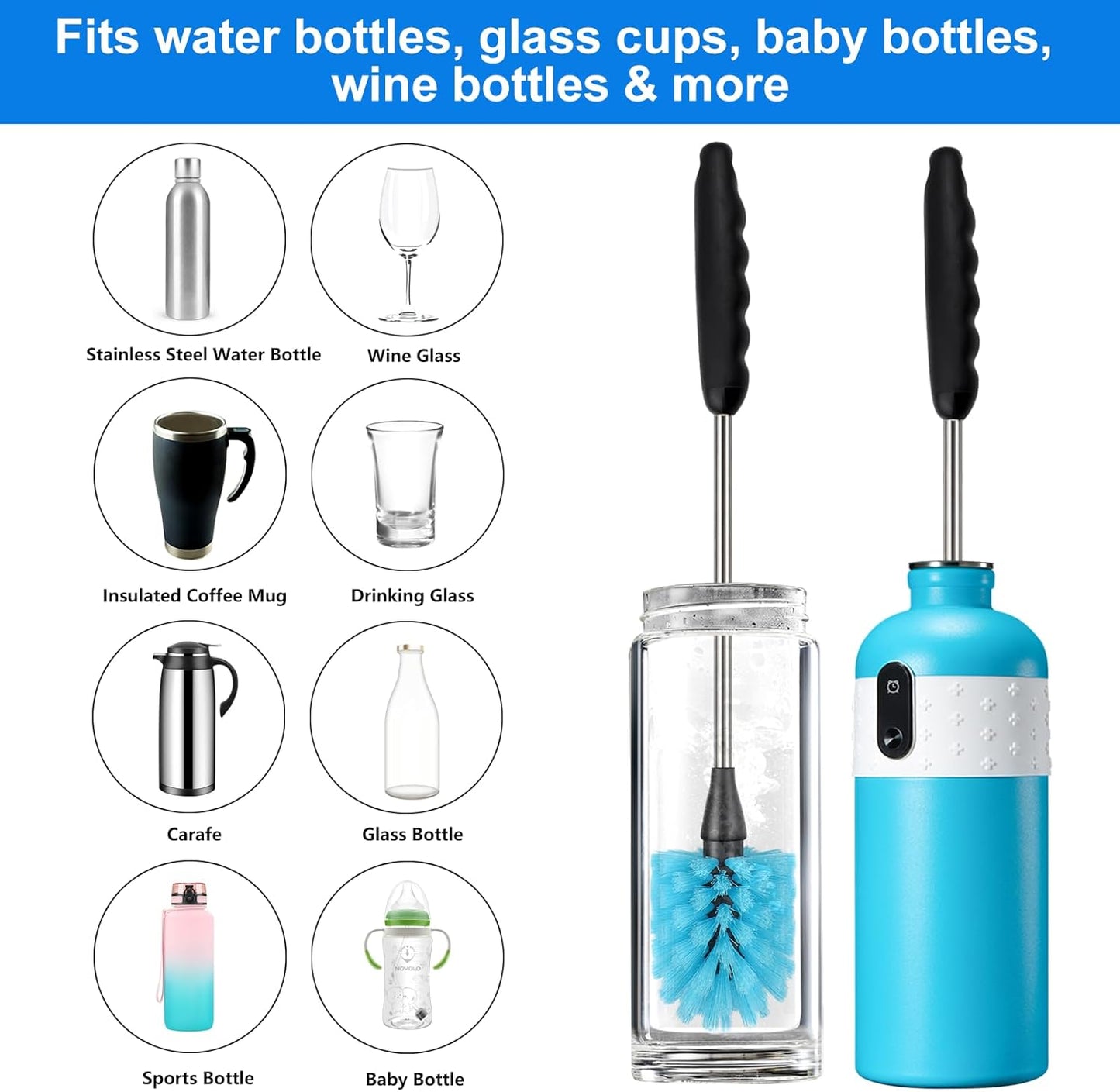 Water Bottle Brush, 15-inch Long, Bottle Brush Cleaner, Bottle Scrubber, Kitchen Scrub Brush Suitable for Water Bottles, Cups, Glasses, Baby Bottles, Wine Glasses, Blue