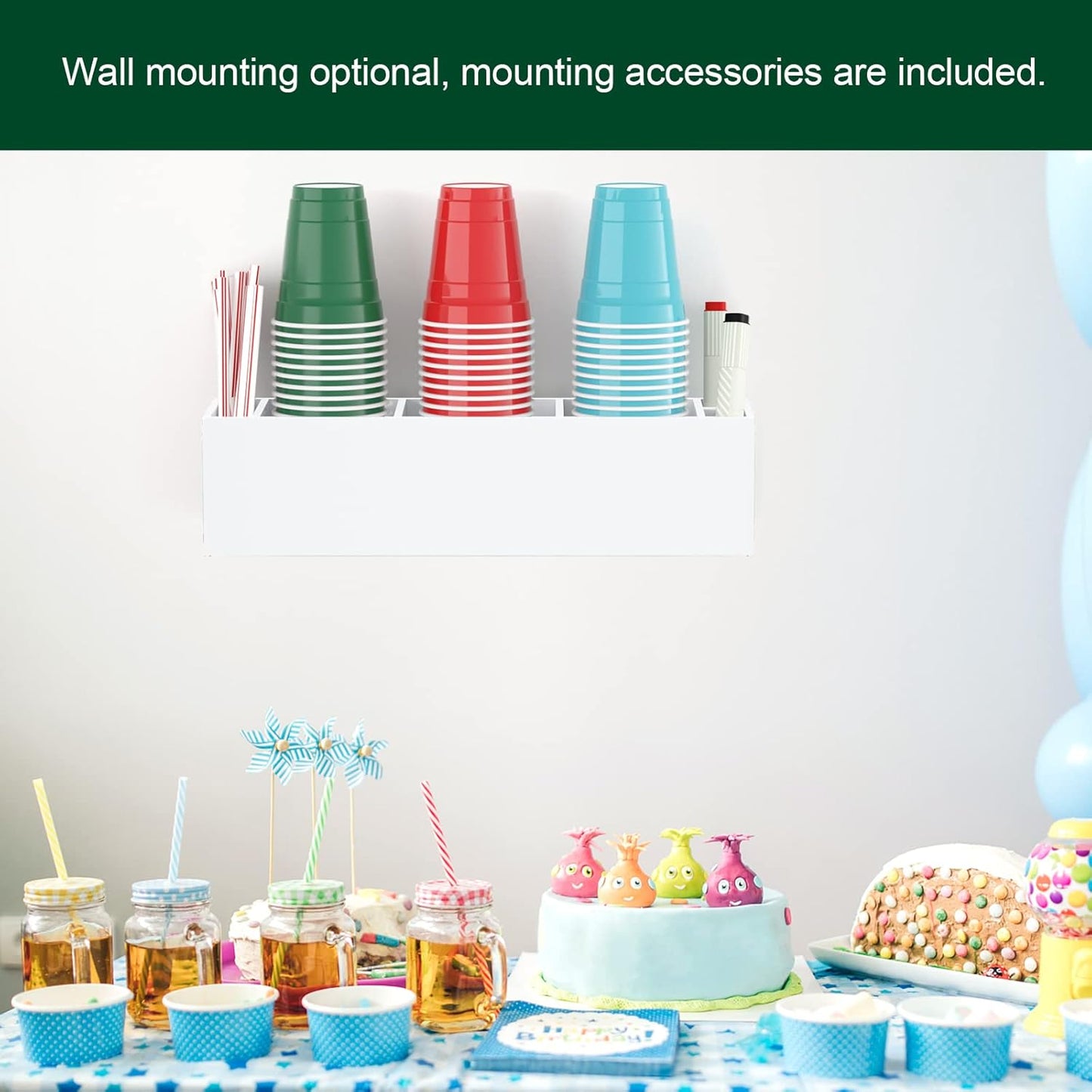 Triple Cup Holder With Marker Slot, Party Dispenser Acrylic Organizer, Mark Your Drink Caddy, Modern Bar Counter Decor, White