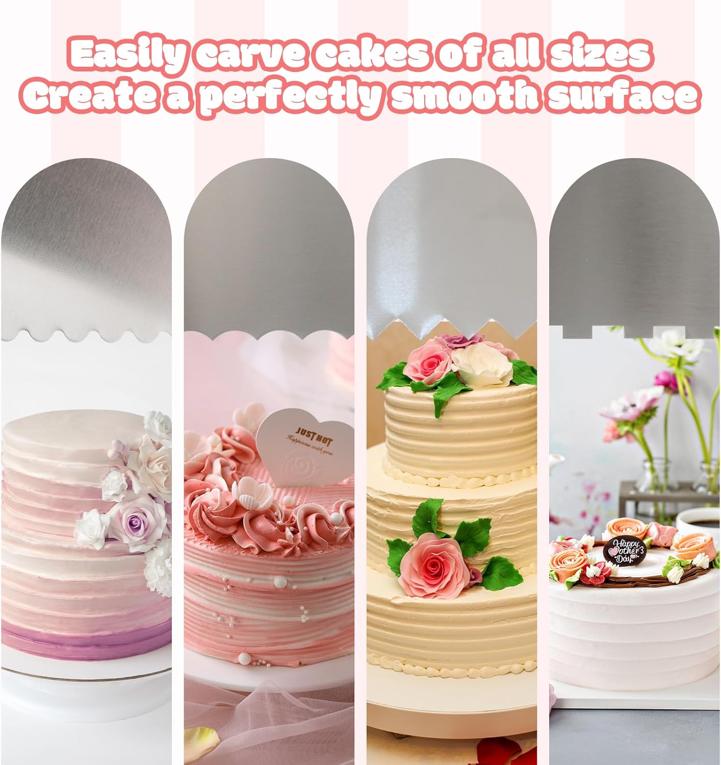 4 PCS Cake Scraper, Stainless Cake Smoother, Icing Smoother, Side Pattern Edge Stripes with Smooth Edges for Pastry Cutting and Mousse Cream Cake Decoration