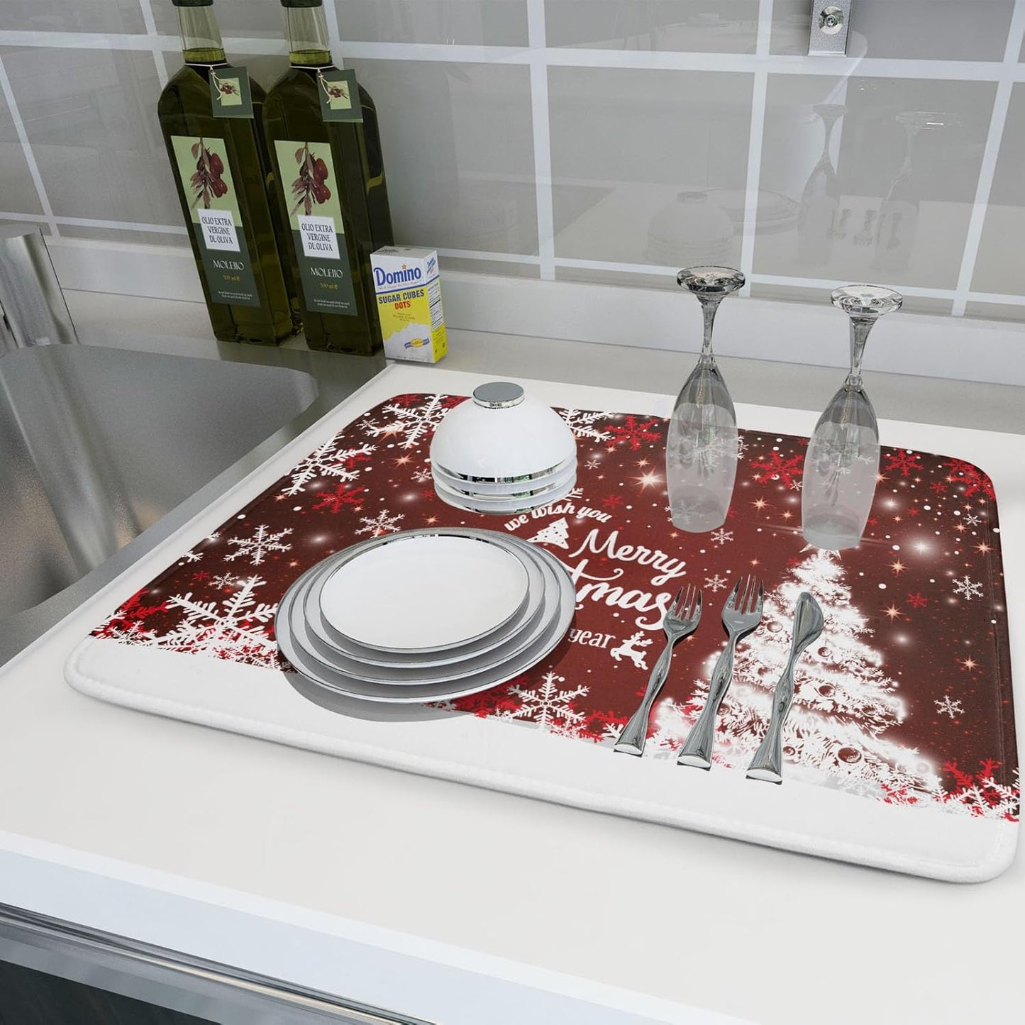 Happy New Year Red Dish Drying Mat for Kitchen Counter,Merry Christmas Tree Snowflake Drying Mat 18 x 24 Inch with High Absorbent Reversible Microfiber Dish Drying Pad Drainer Mat for Coffee Bar