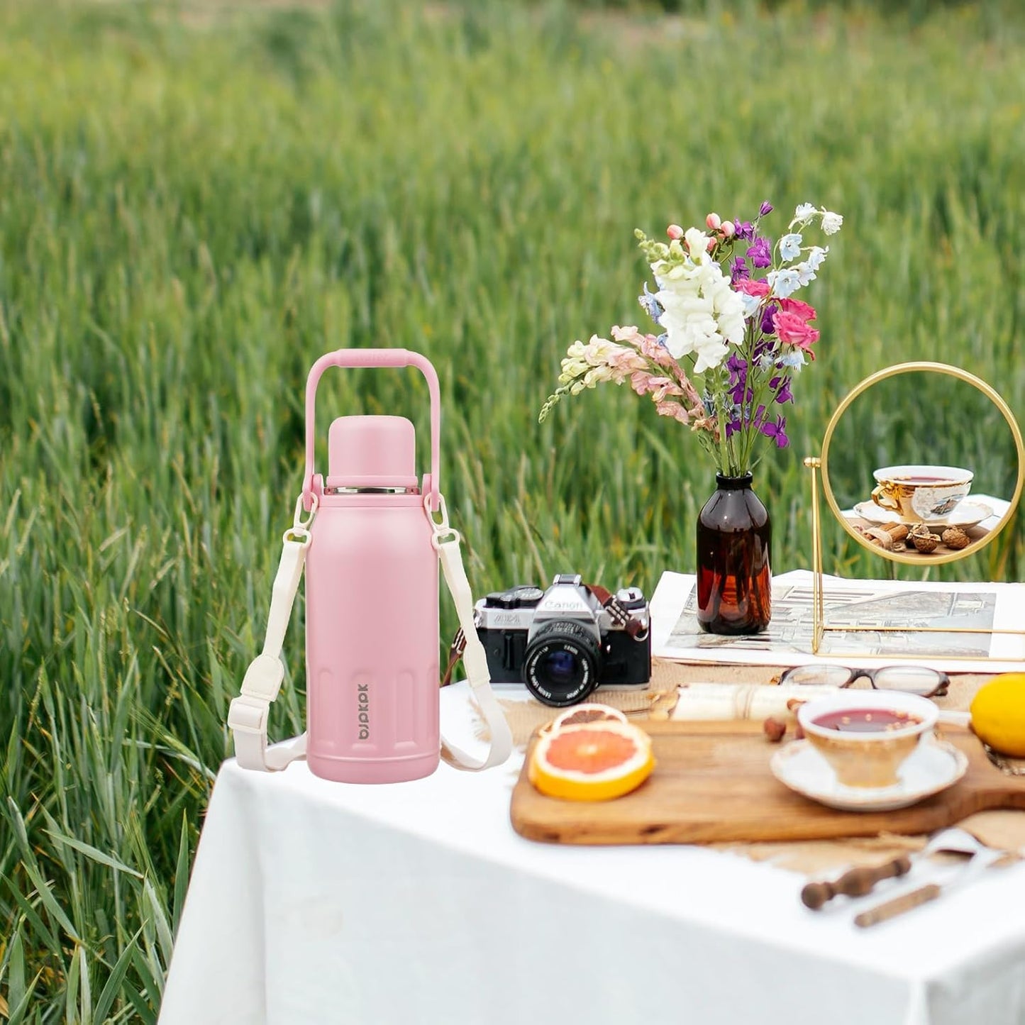 BJPKPK Insulated Water Bottle 27oz Stainless Steel Water Bottles with Handle and Cup Lid Travel Metal Thermos,Light Pink