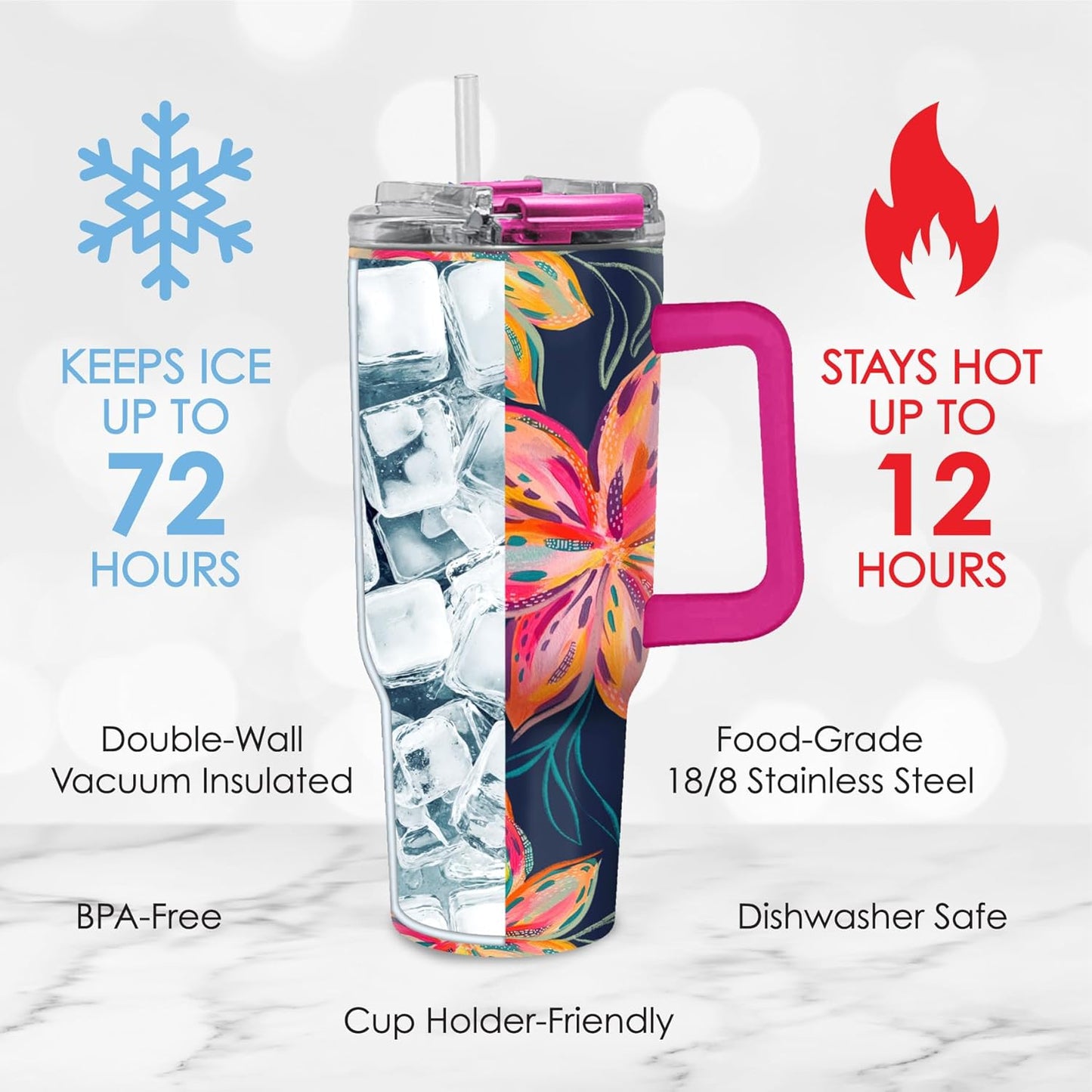 RainCaper 18/8 Stainless Steel Insulated Water Tumbler with Straw | 30oz, BPA-Free, Double Wall for Hot & Cold | Travel-Friendly, Cup Holder Ready (EttaVee Bold Flowers)