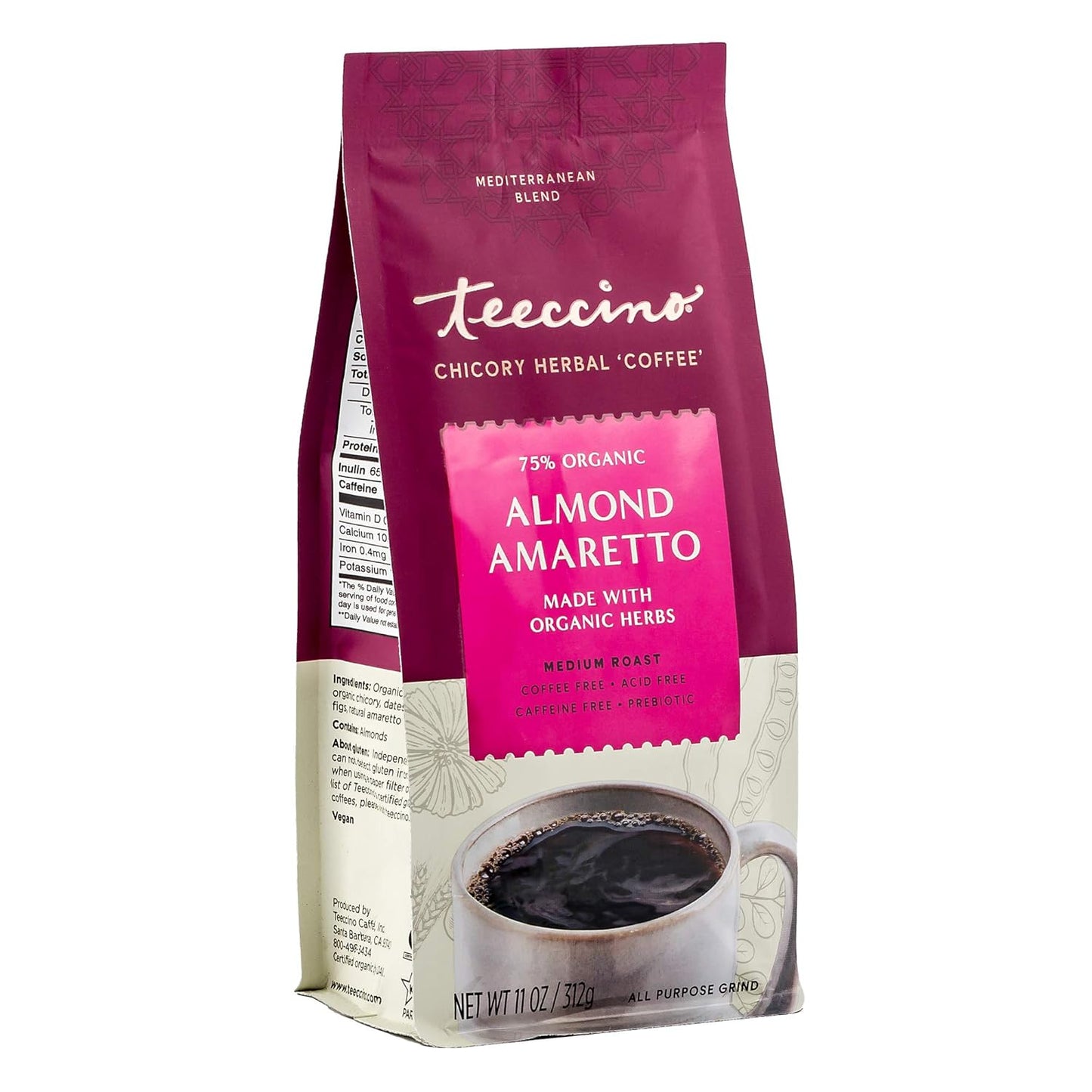Teeccino Almond Amaretto Chicory Coffee Alternative - Ground Herbal Coffee That’s Prebiotic, Caffeine Free & Acid Free, Medium Roast, 11 Ounce (Pack of 6)
